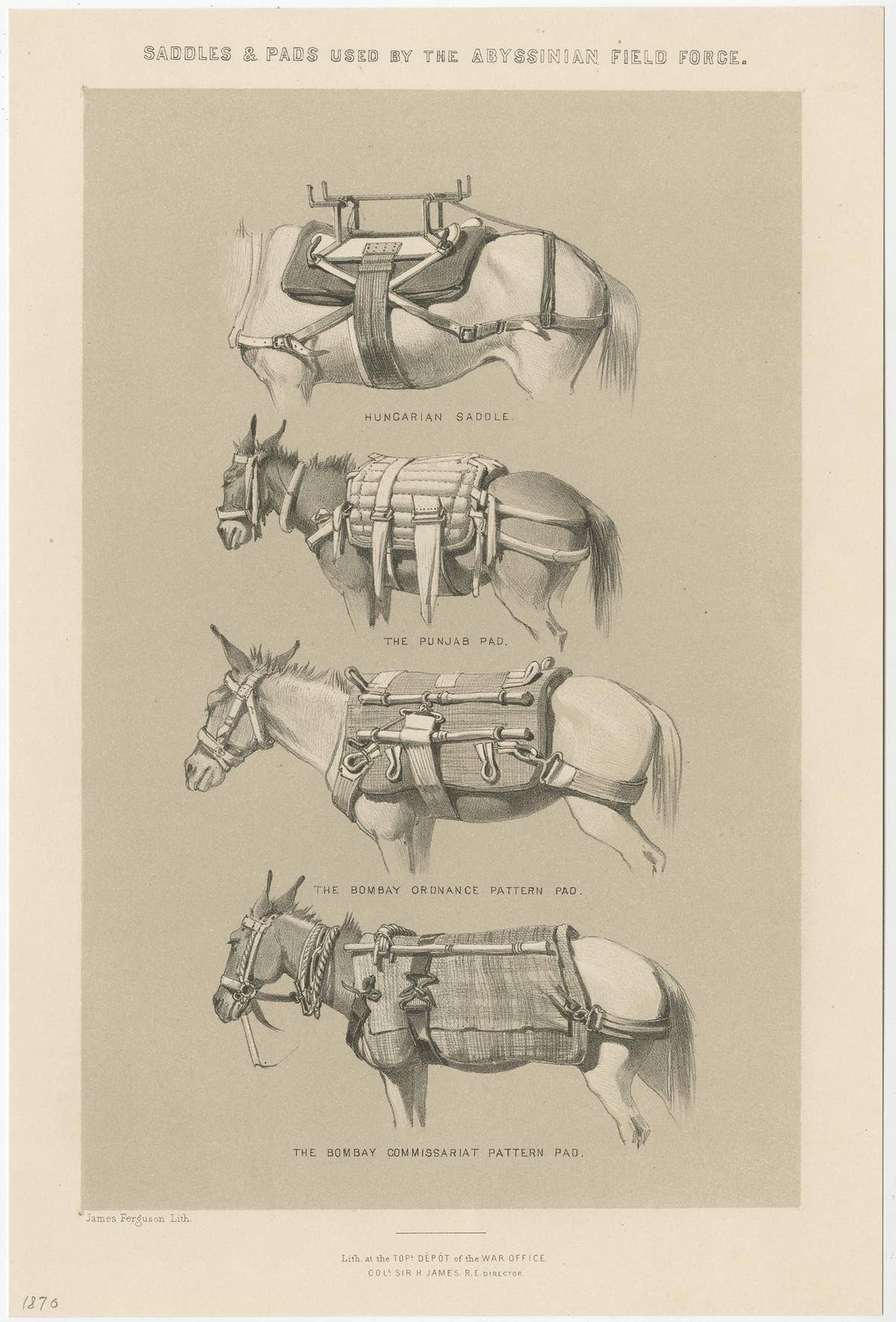 Set of Two Antique Prints of Saddles and Pads Used by the Field Force, 1870