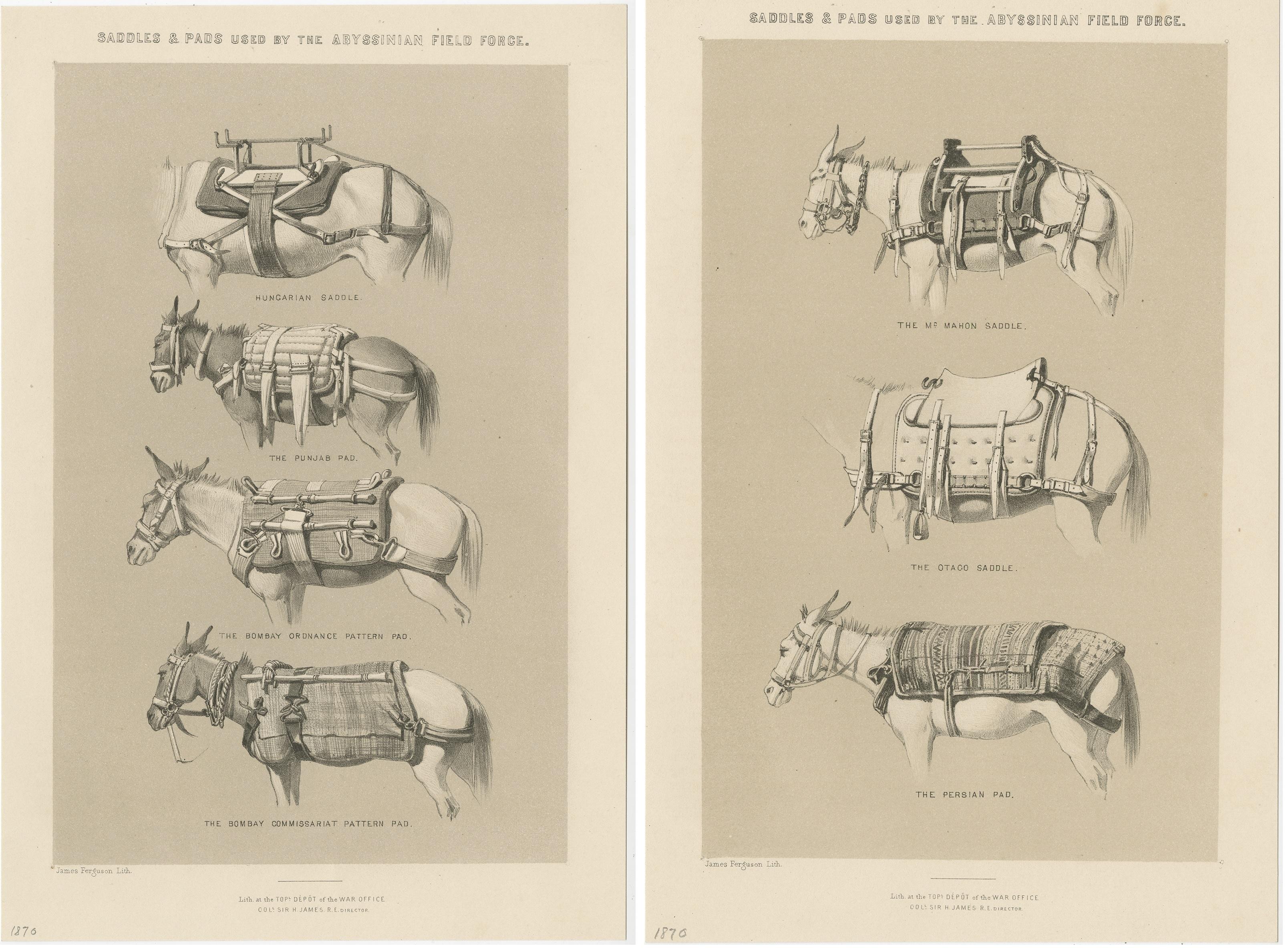 19th Century Set of Two Antique Prints of Saddles and Pads Used by the Field Force, 1870 For Sale