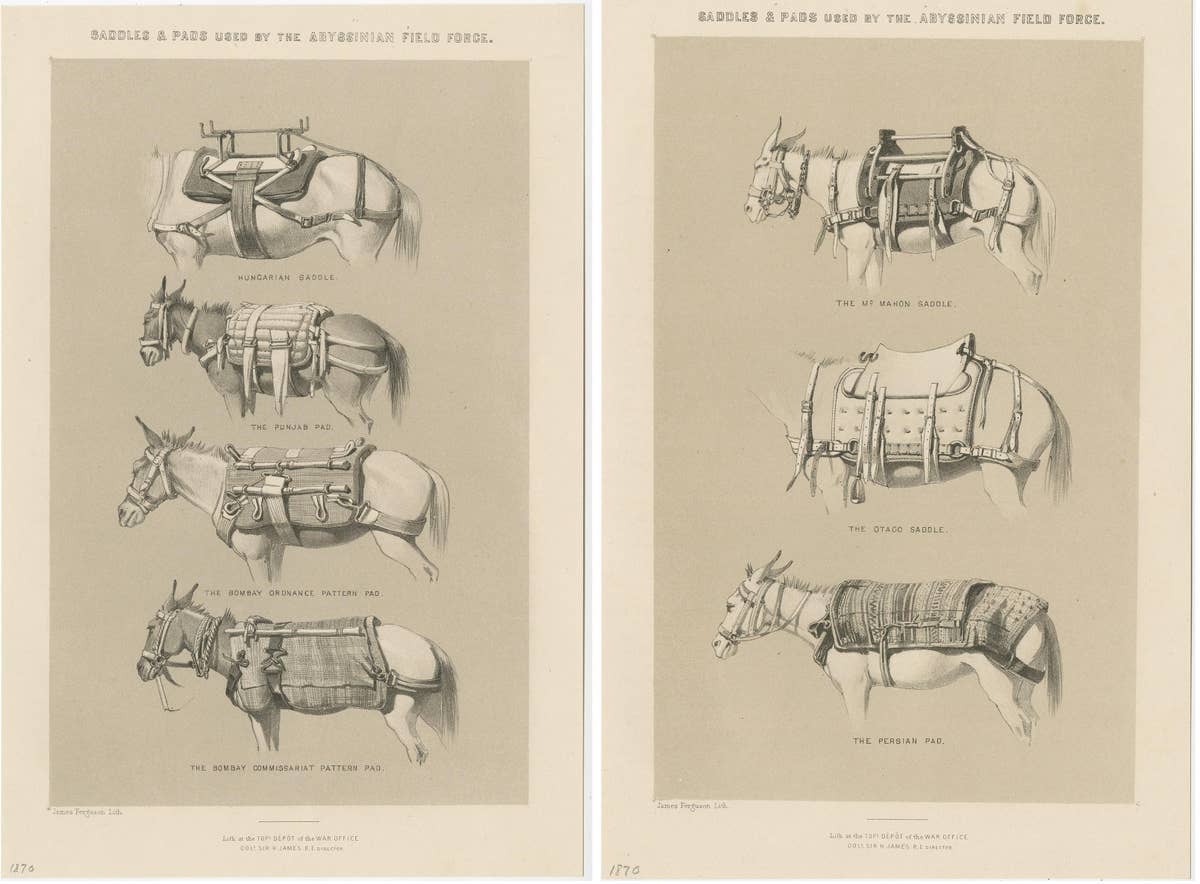 Set of Two Antique Prints of Saddles and Pads Used by the Field Force, 1870