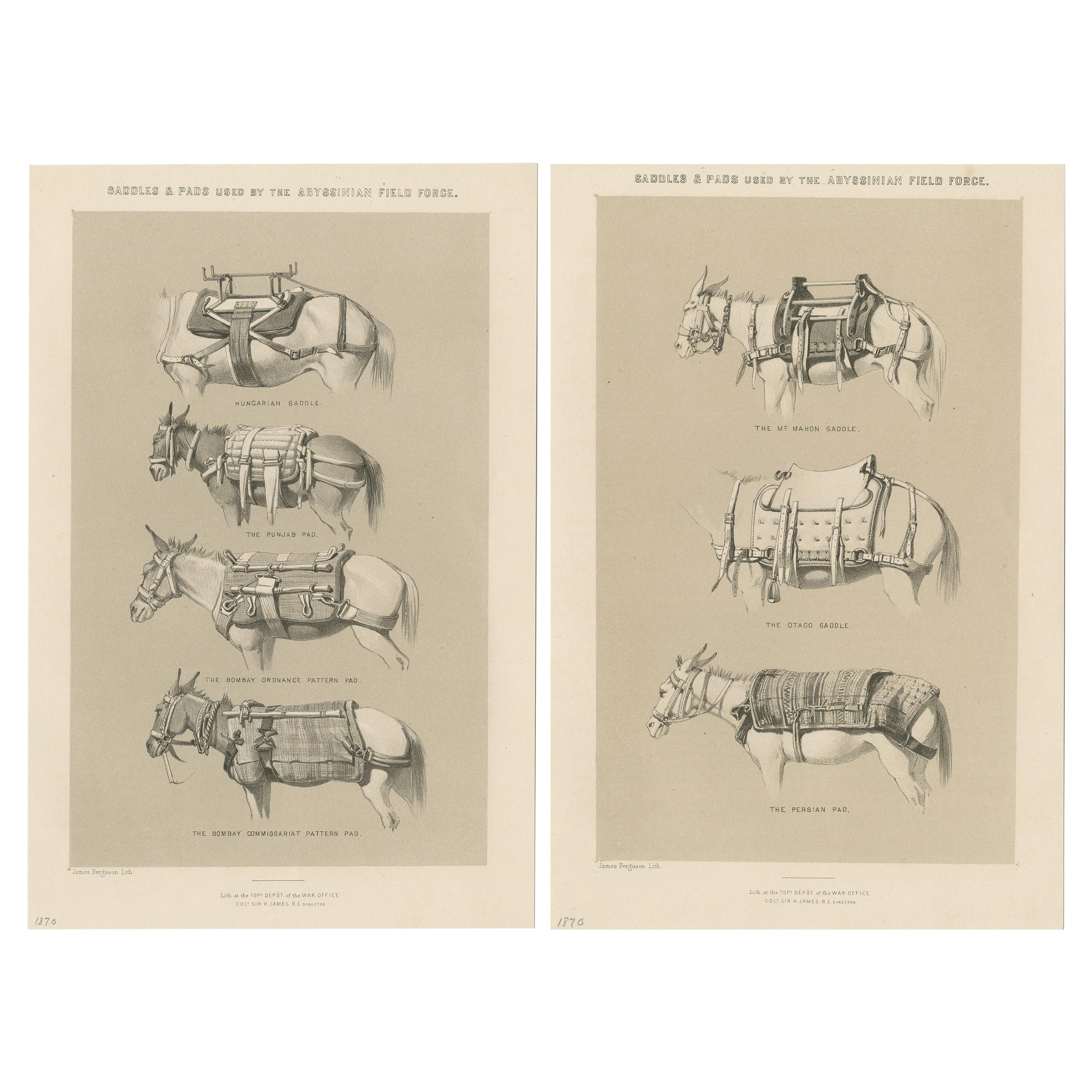 Set of Two Antique Prints of Saddles and Pads Used by the Field Force, 1870 For Sale