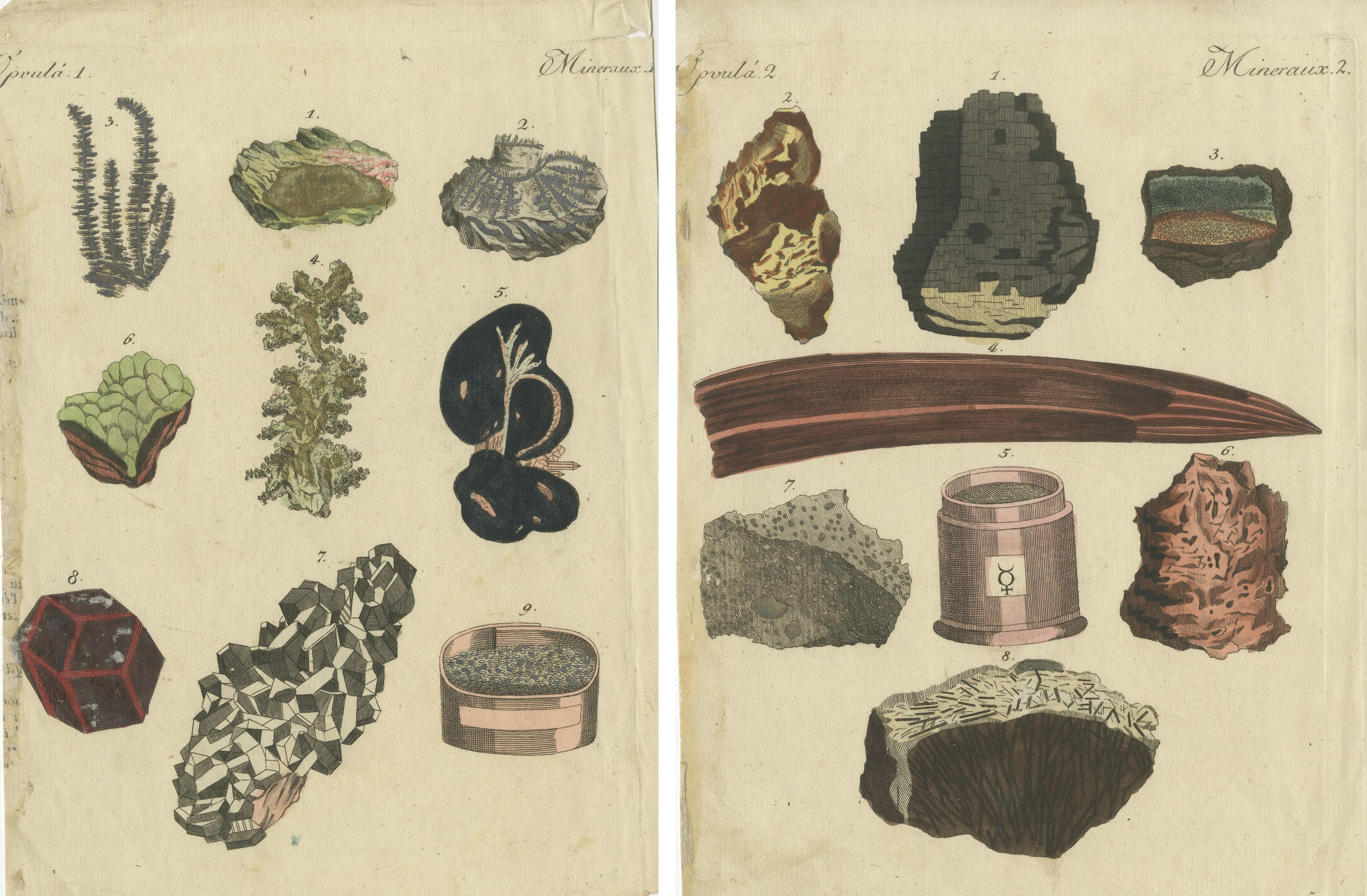Set of two original antique prints of various minerals. The first plate shows gold 1, silver 2,3, copper dendrite 4, blue copper 5, malachite copper 6, garnet tin 7, tin crystal 8, and tin sand 9. The second plate shows lead 1, iron 2,3,4, mercury