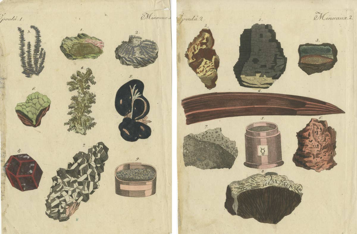 Various Minerals on Two Sheets Engravings Including Gold, Silver and Mercury
