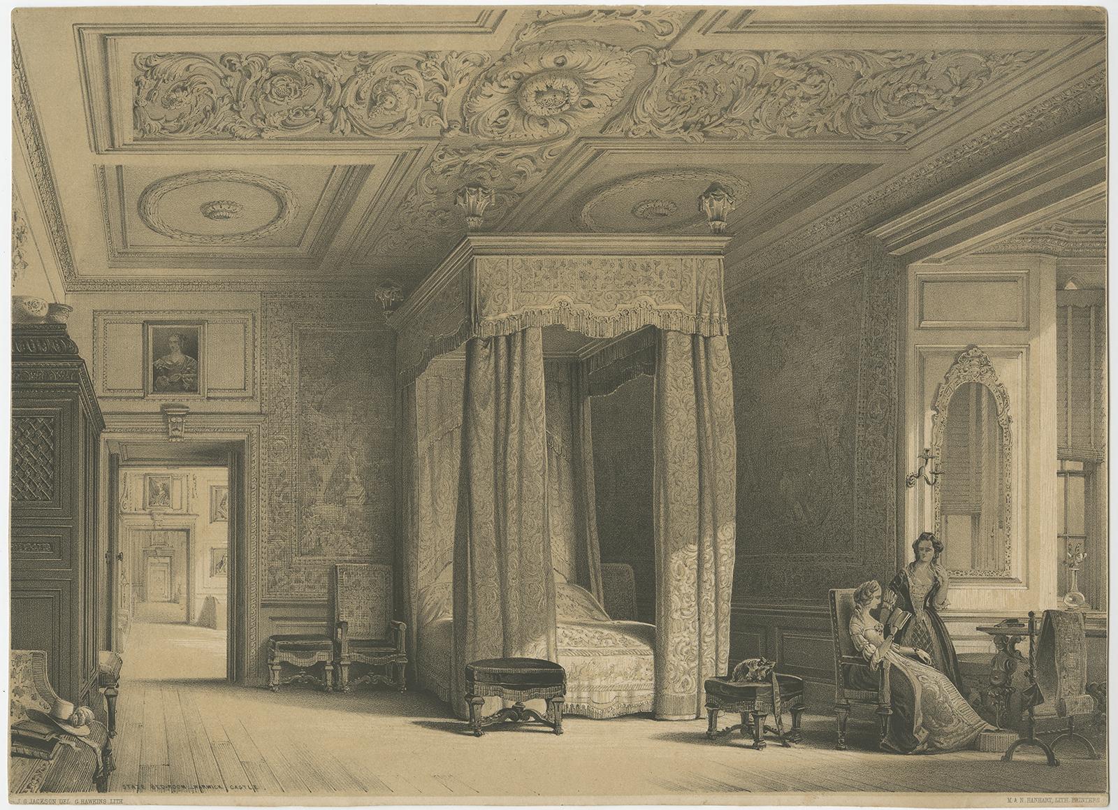 Set of two prints of Warwick Castle titled 'State Bedroom' and 'Cedar Drawing Room'. Warwick Castle is a medieval castle developed from a wooden fort, originally built by William the Conqueror during 1068. Published circa 1850.