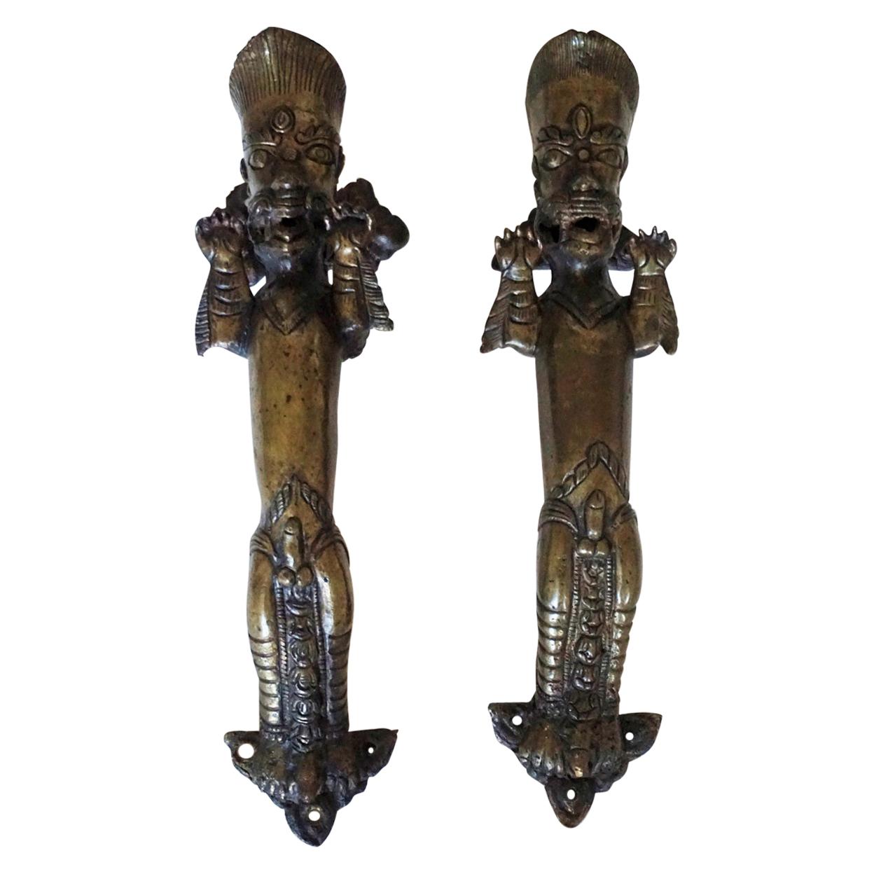 Set of Two Antique Temple Heavy Bronze Door Handles, Nepal, 19th