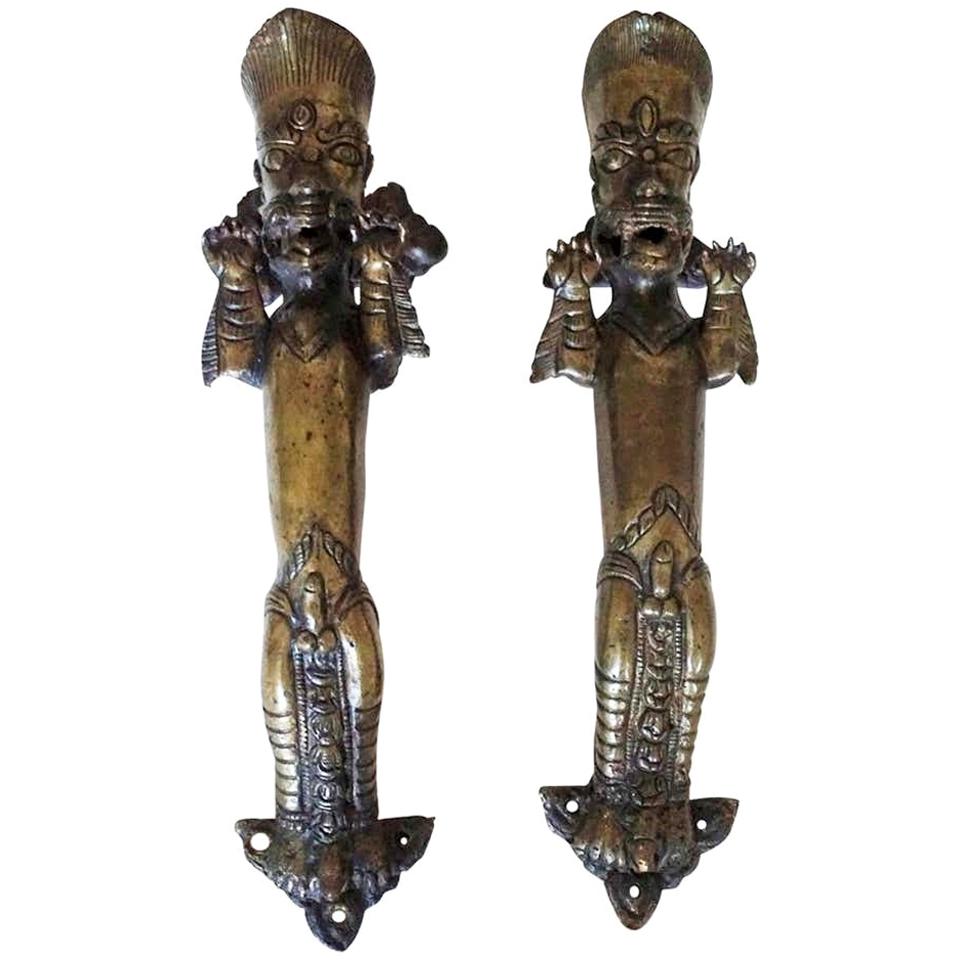 Set of Two Antique Temple Heavy Bronze Door Handles, Nepal, 19th Century For Sale