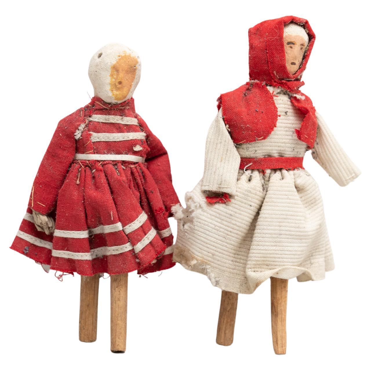 Set von zwei antiken, traditionellen spanischen Rag Doll-Spielzeugen, um 1920