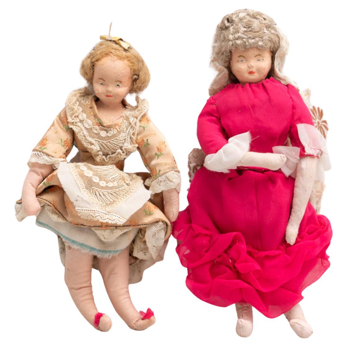 Ensemble de deux poupées de chiffon espagnoles traditionnelles anciennes, vers 1920
