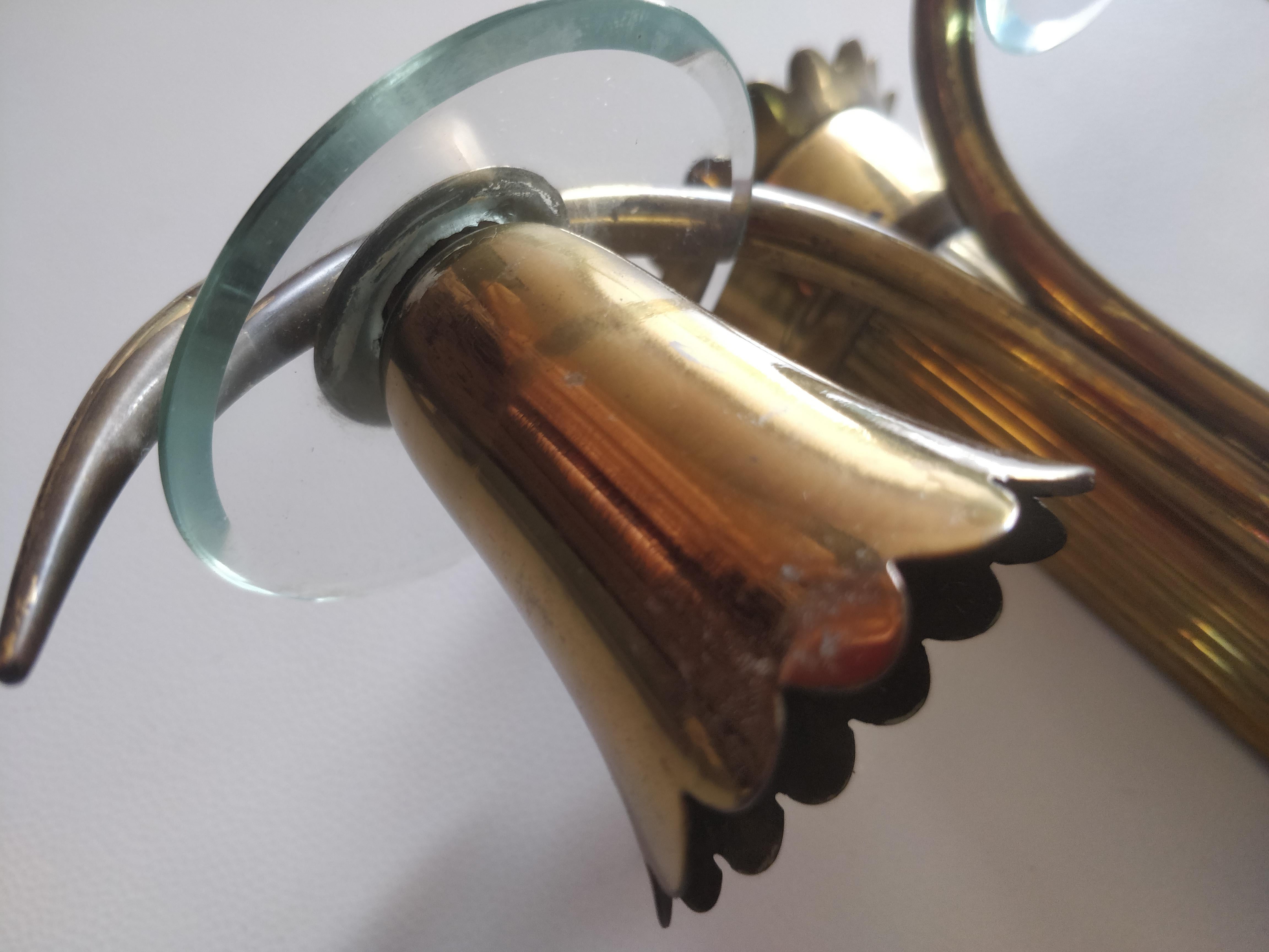 Brass Set of two appliques in brass with curved  ground glass by Pietro Chiesa For Sale