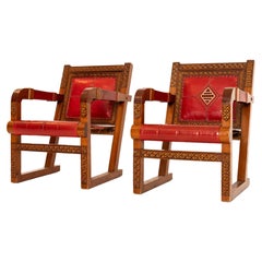 Set of Two Arm Chairs in Red Leather and Wood, 1930s