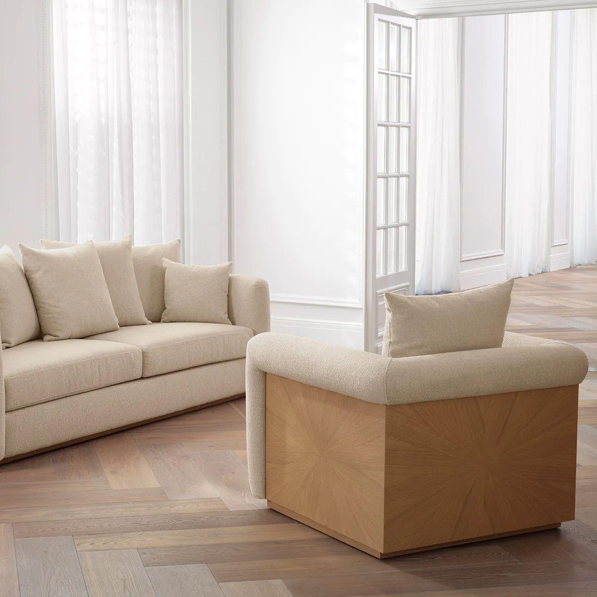 Set aus zwei Sesseln - Natürliches Eichenfurnier und beiger Stoff (Französisch) im Angebot