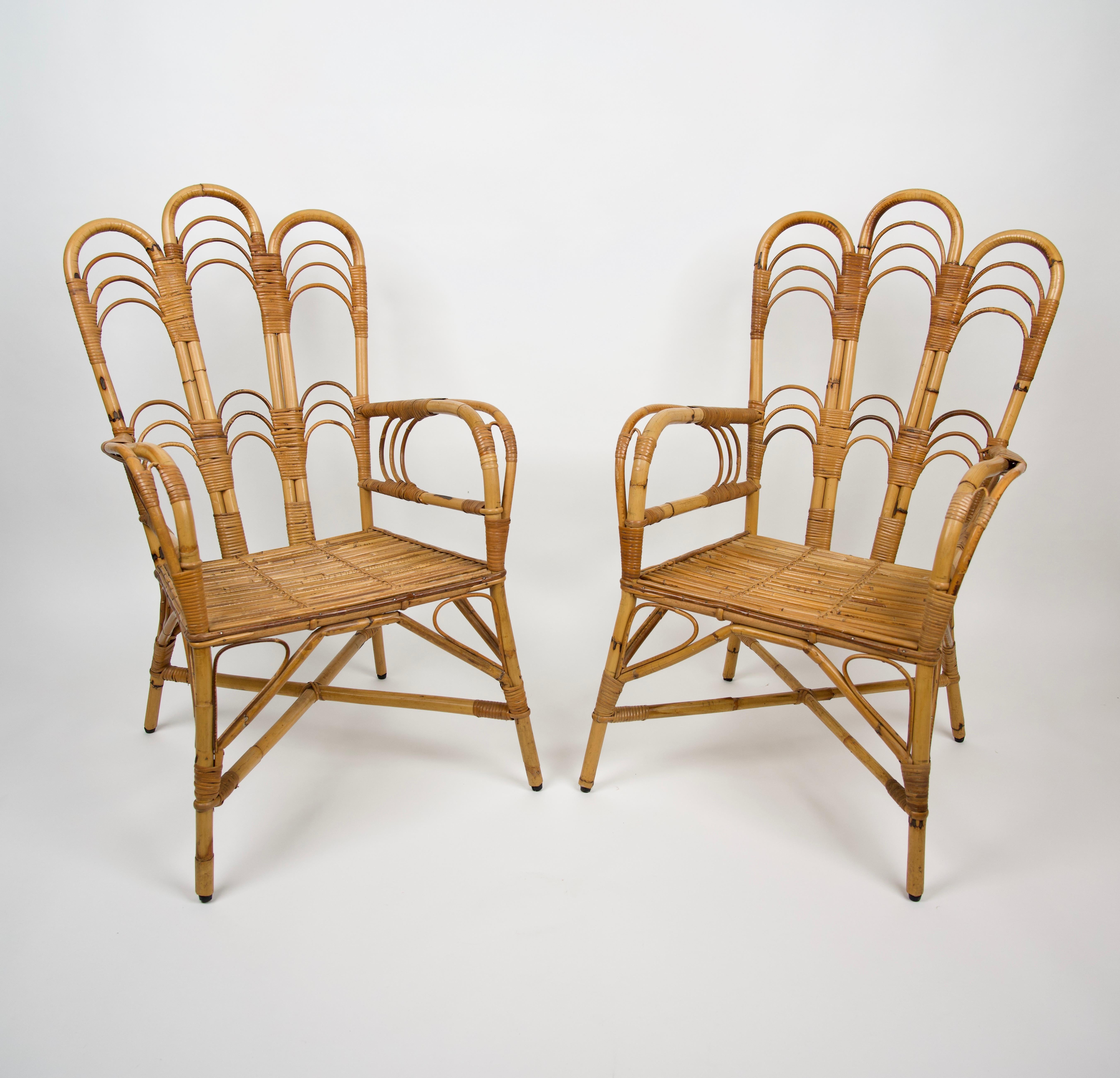 Mid-Century Modern Set of Two Armchairs & Coffee Table Rattan and Bamboo Italy 1960s