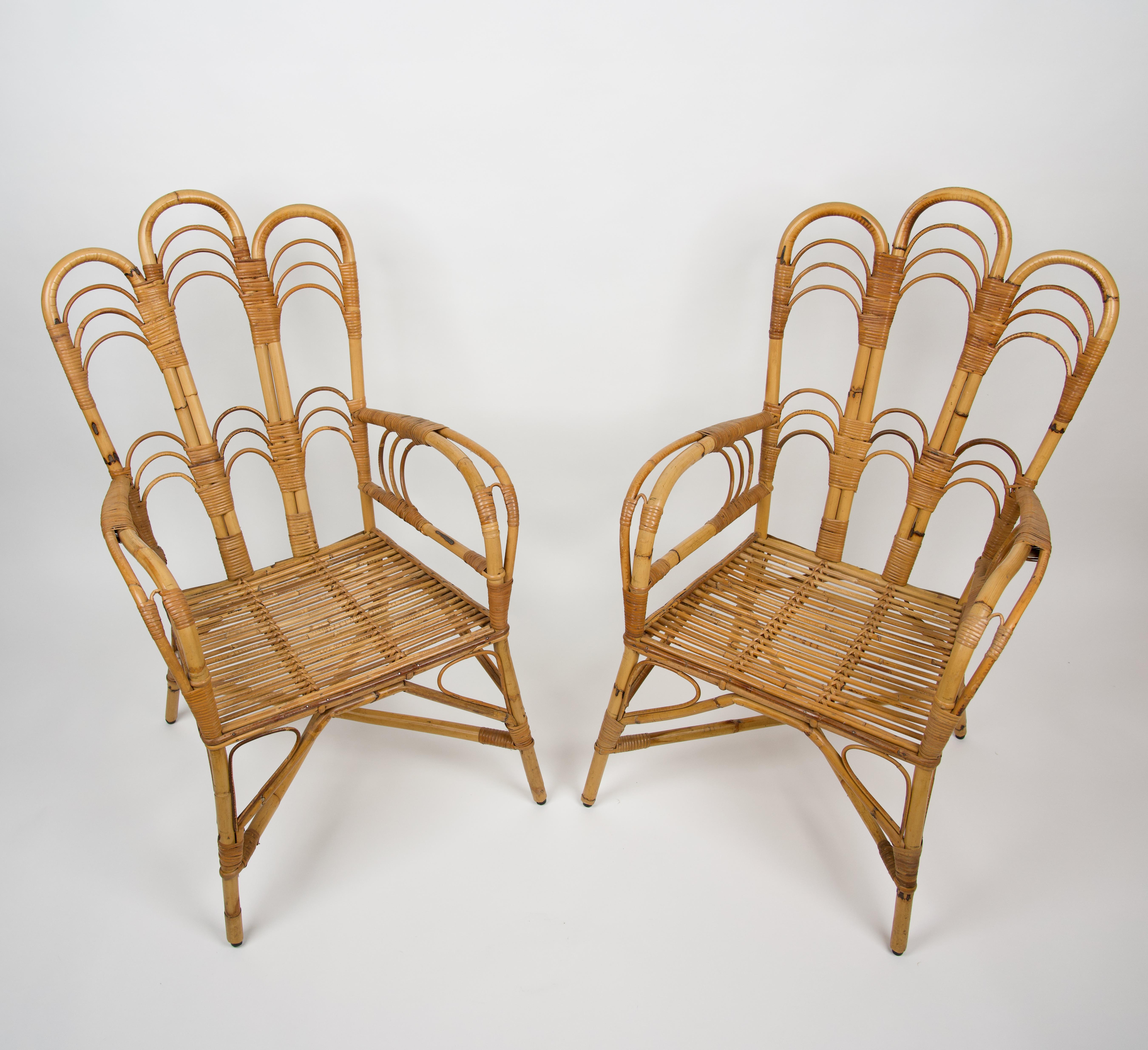 Italian Set of Two Armchairs & Coffee Table Rattan and Bamboo Italy 1960s