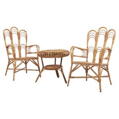 Set of Two Armchairs & Coffee Table Rattan and Bamboo Italy 1960s