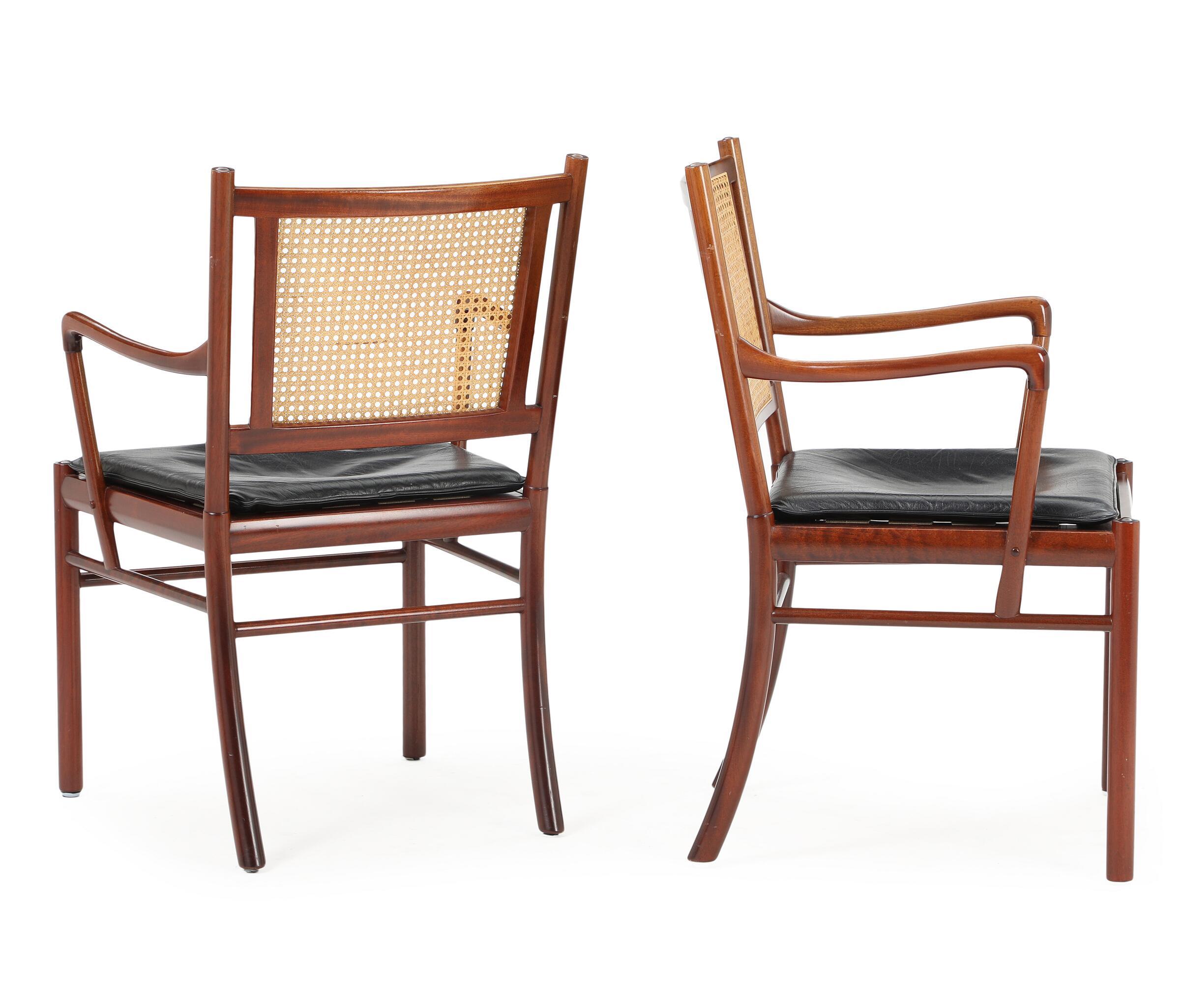 Scandinave moderne Ensemble de deux fauteuils d'Ole Wanscher en acajou, rotin et cuir Danemark années 60 en vente