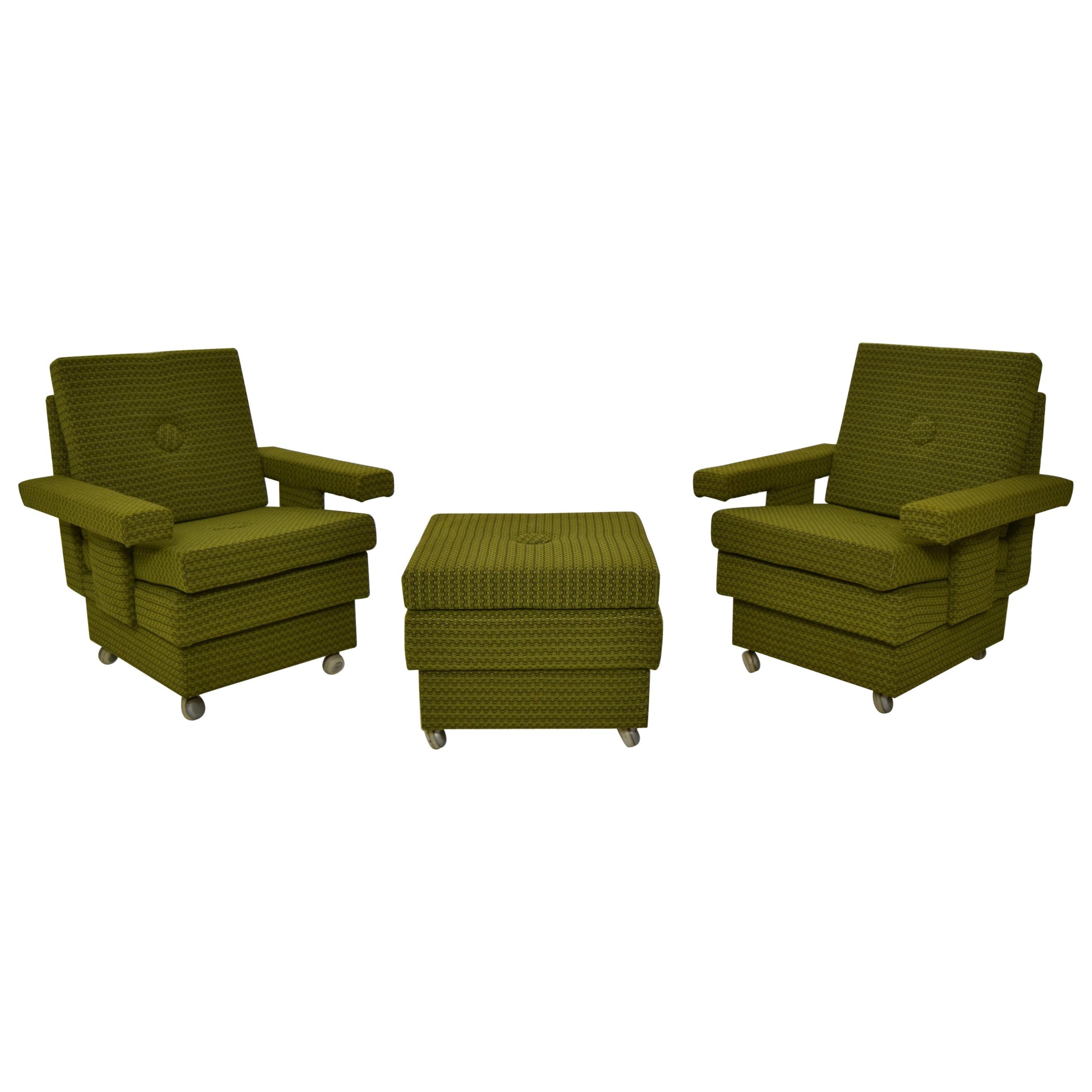 Set of Two Armchairs in the Middle of the Century with Footstool and with Wheels For Sale