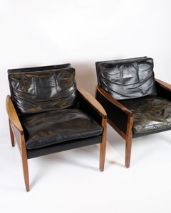 Set Of Two Armchairs Made In Rosewood & Black Leather By Hans Olsen From 1960s