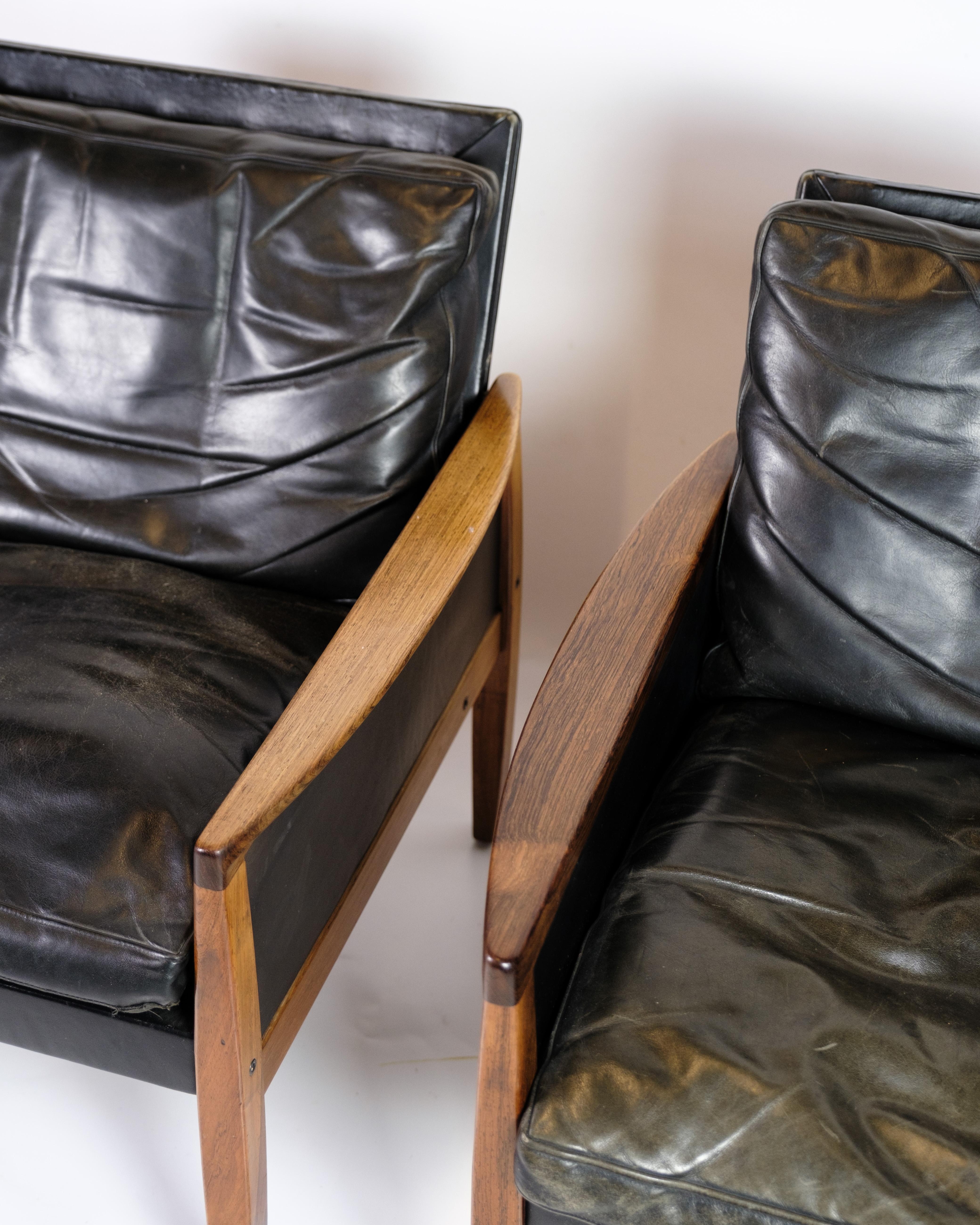 Mid-Century Modern Set Of Two Armchairs Made In Rosewood & Black Leather By Hans Olsen From 1960s
