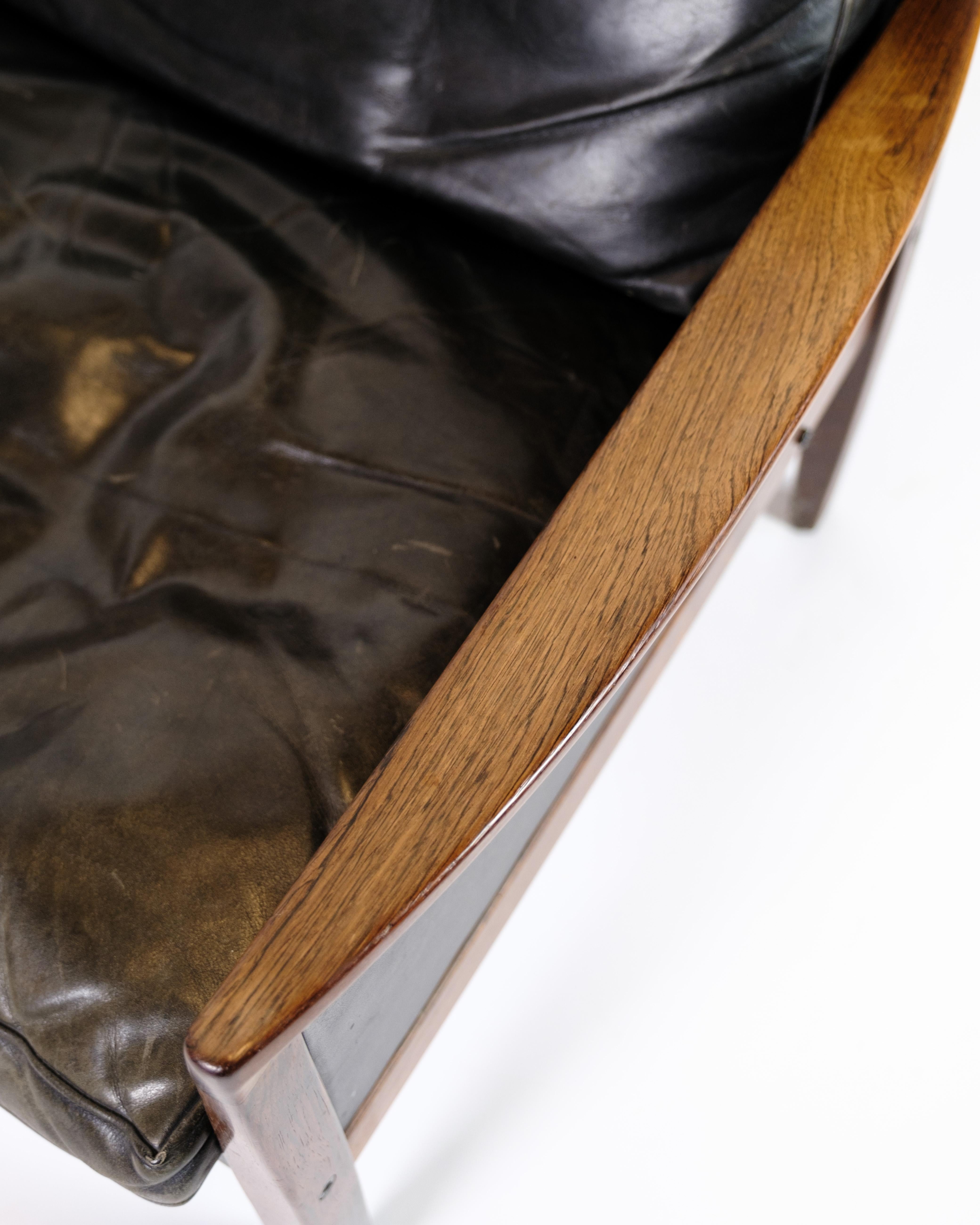 Mid-20th Century Set Of Two Armchairs Made In Rosewood & Black Leather By Hans Olsen From 1960s