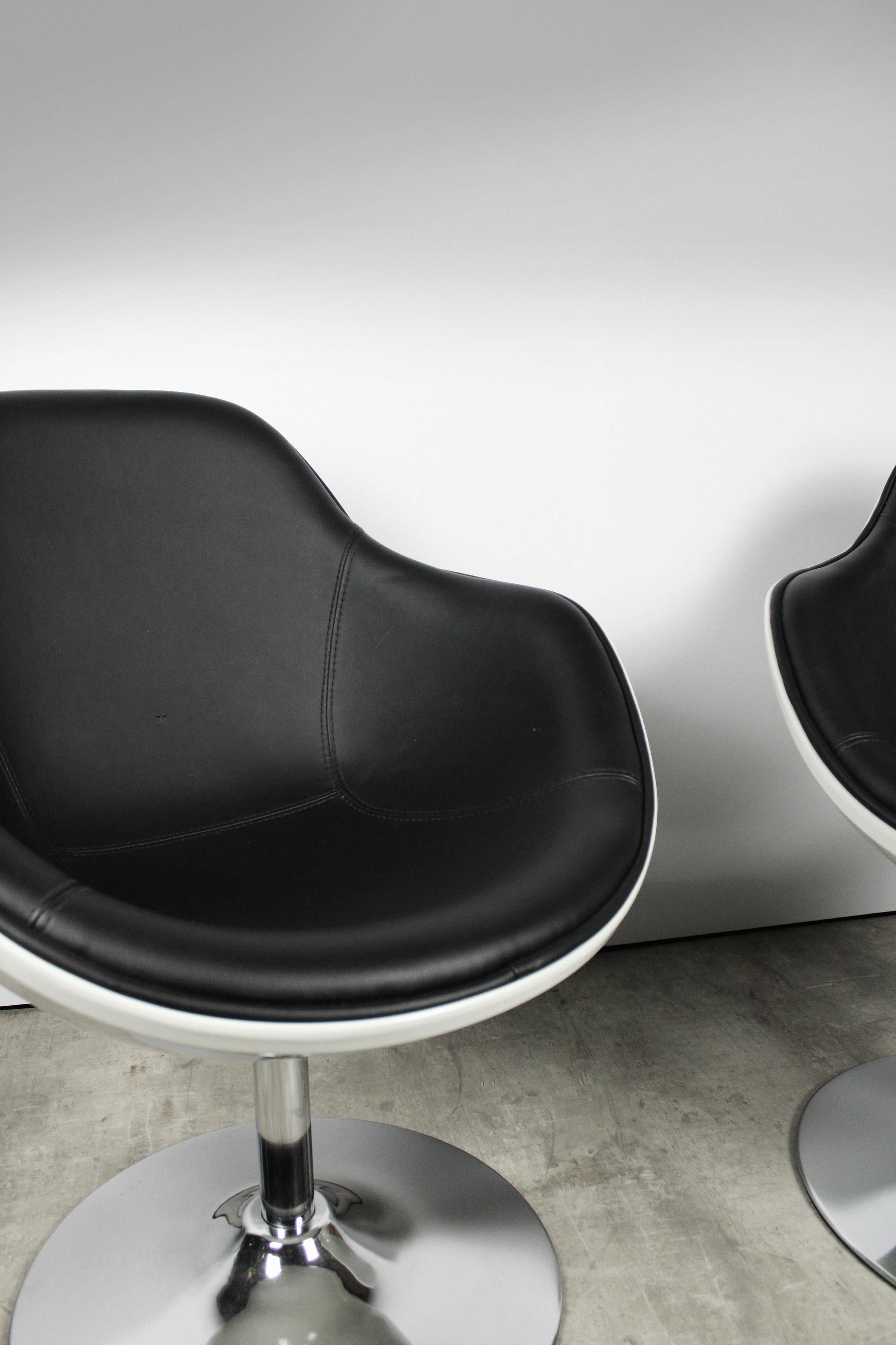 Molded Set of Two Armchairs Space Age Tequila White Epoxy Vintage Black Leather For Sale