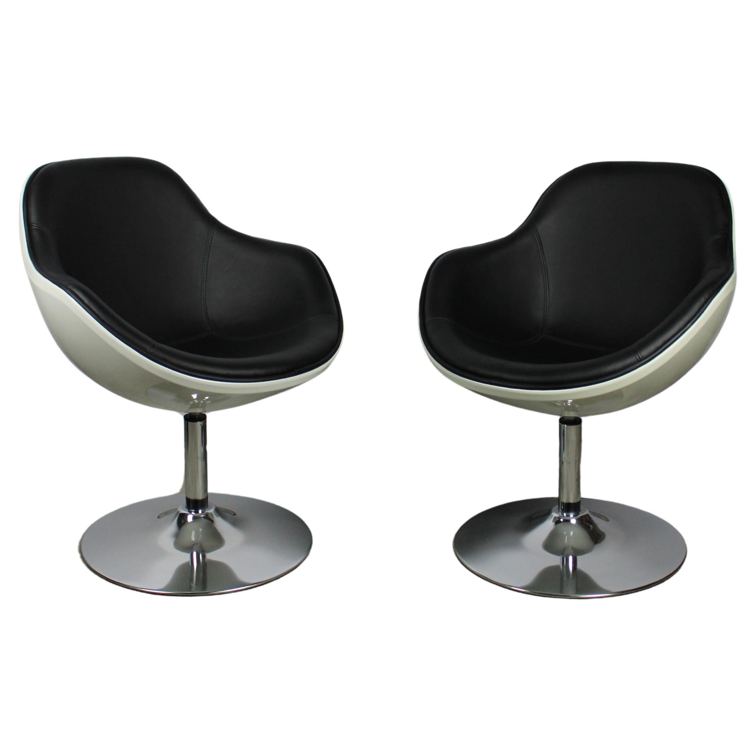 Set of Two Armchairs Space Age Tequila White Epoxy Vintage Black Leather For Sale