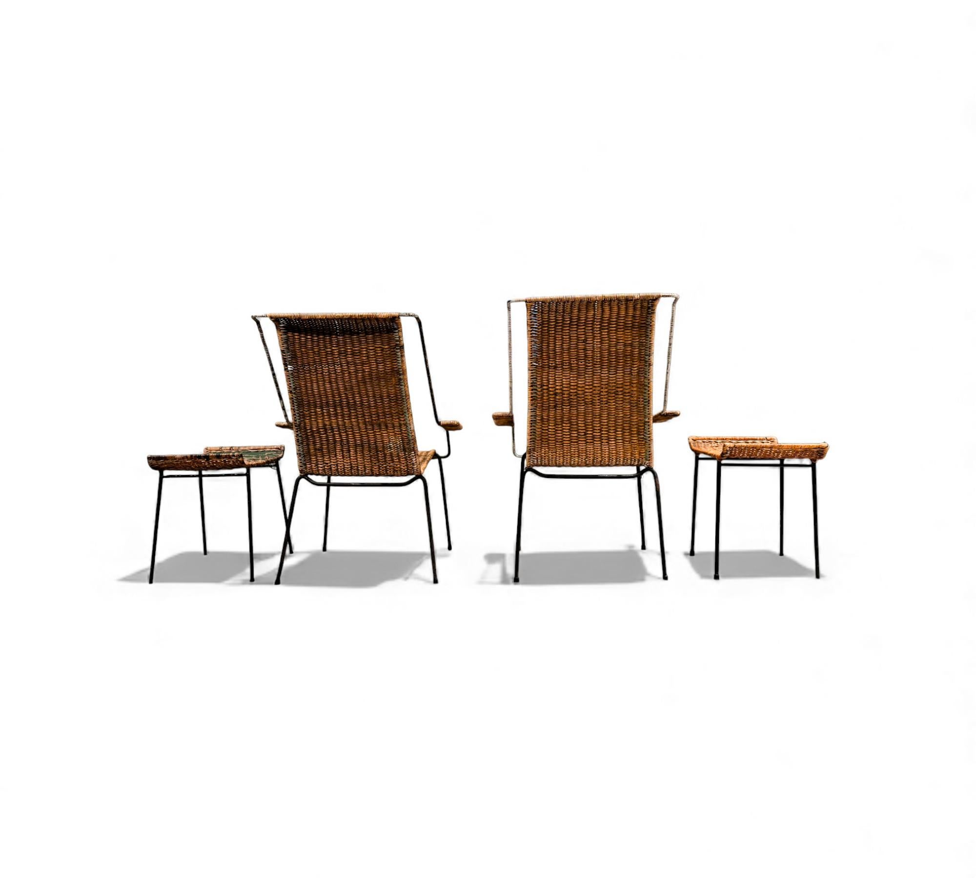 Set of Two Armchairs with Stools in Cane & Iron, Carlo Hauner, 1950s Bon état - En vente à New York, NY