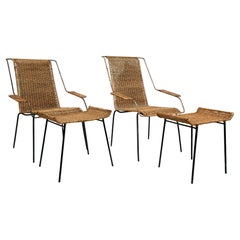 Set of Two Armchairs with Stools in Cane 
Iron, Carlo Hauner, 1950s