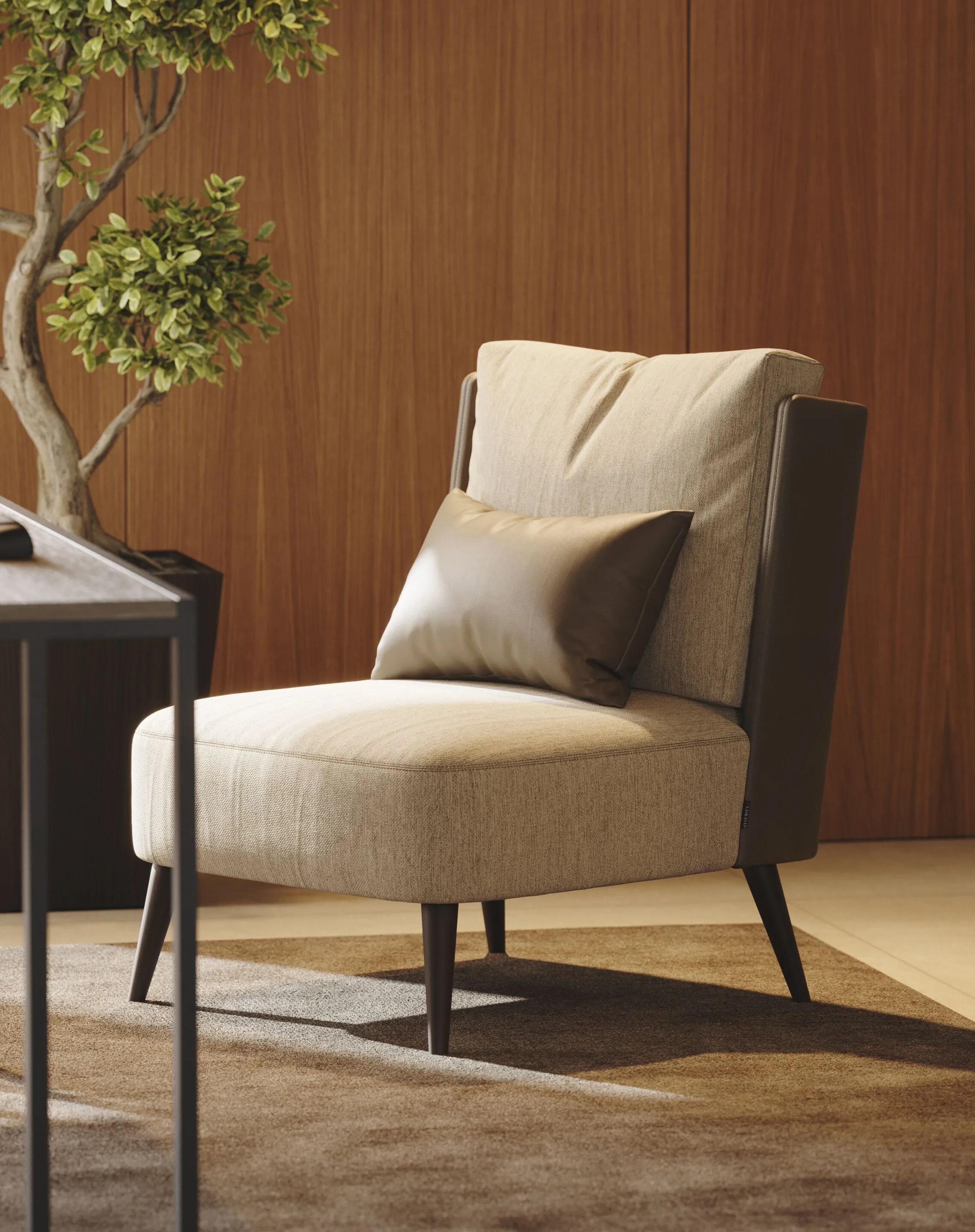 Der Sessel mit seiner raffinierten Lederrückenlehne verleiht Ihrer Inneneinrichtung einen schlichten und eleganten Touch. Durch sein anpassungsfähiges Design und die breite Palette an Farboptionen passt er zu jedem Einrichtungsstil, von modern bis