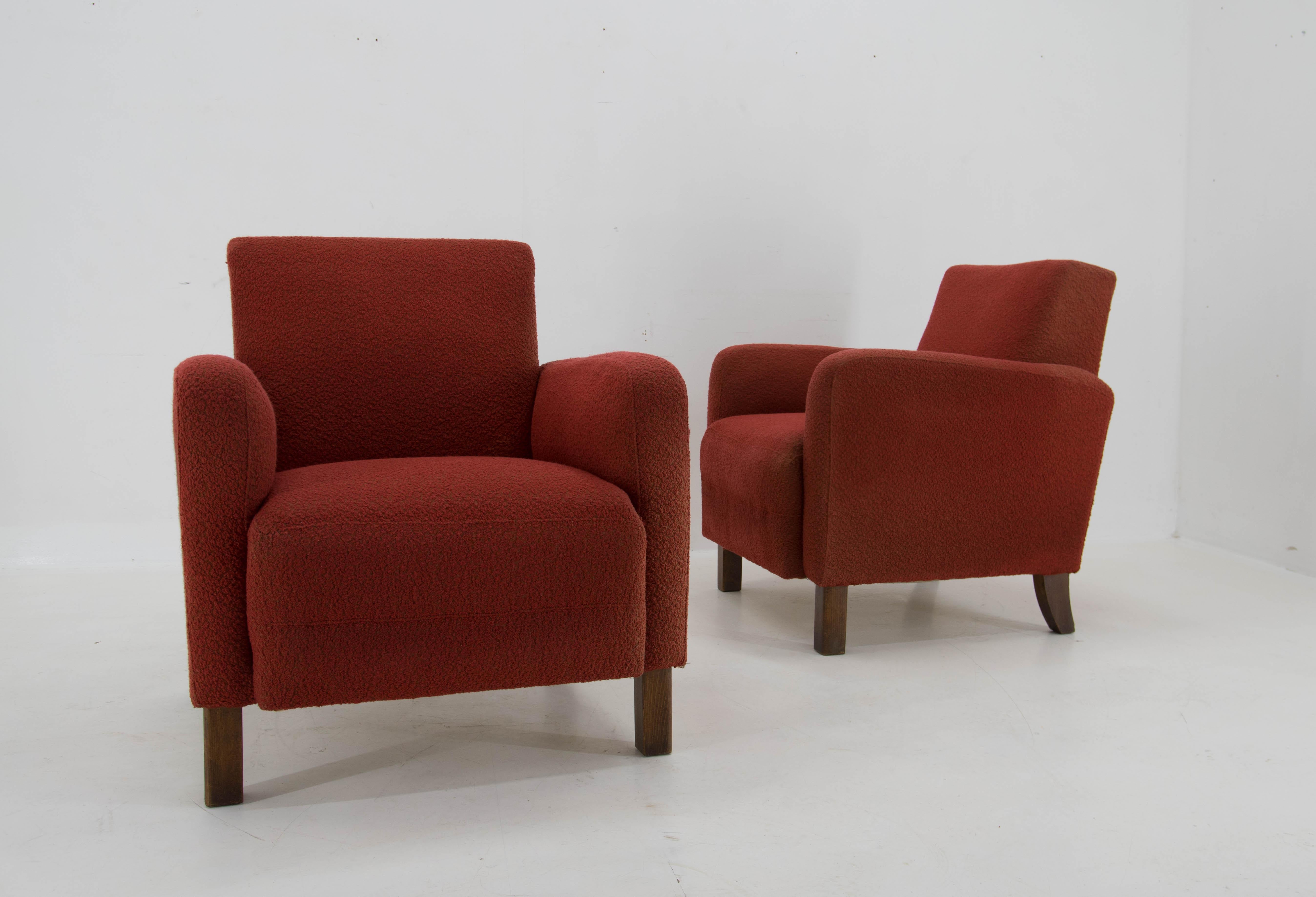 Solid armchairs by UP Zavody made in 1930s.
Heavy and sturdy construction.
Very well preserved fabric, only minor sun fading on one chair.
Inner filling is soft after one hundred years but still comfortable.
Suitable for new upholstery.