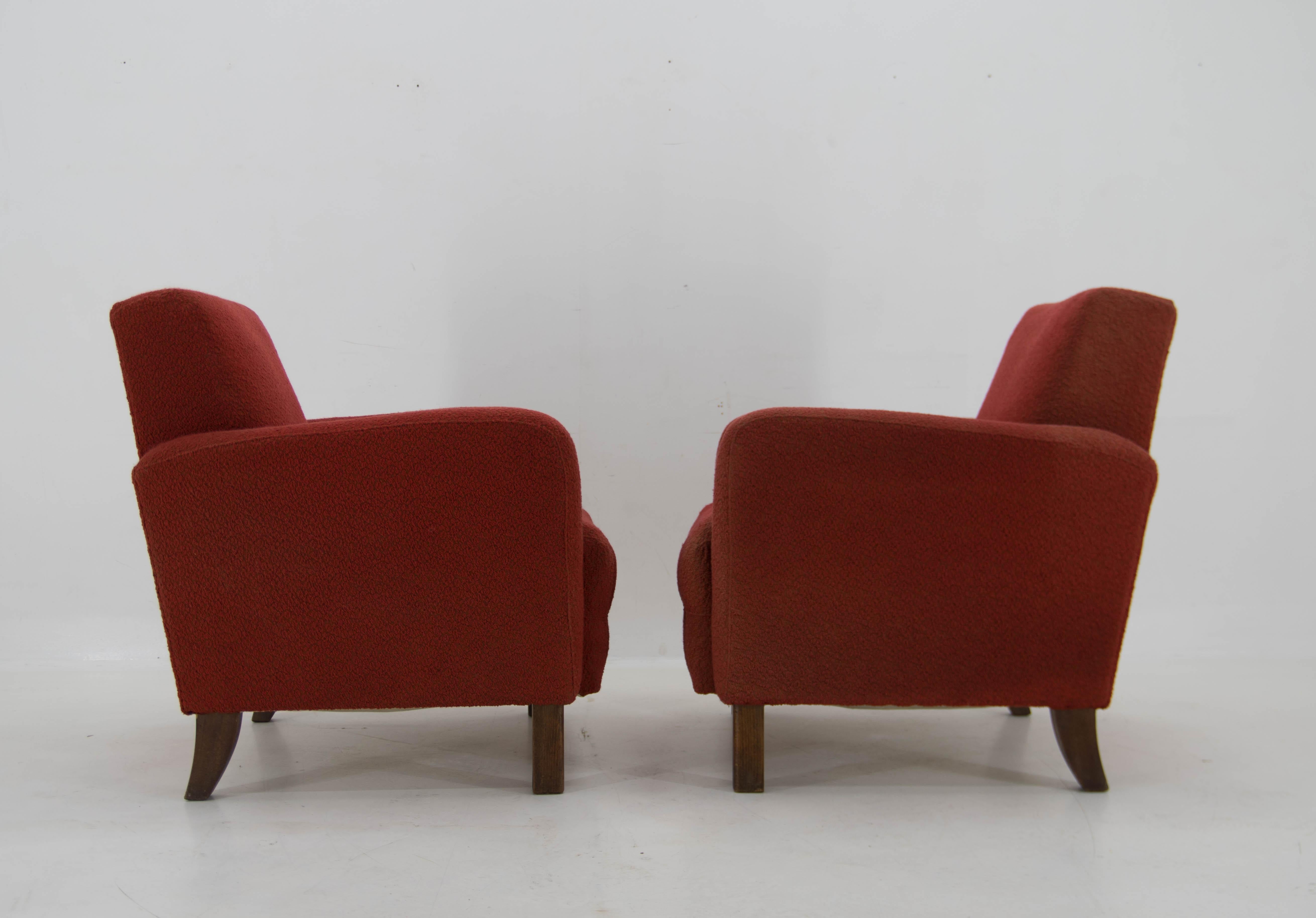 Fabric Set of Two Art Deco Armchairs Attributed to Halabala, 1930s For Sale