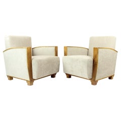 Set Of Two Art Deco Armchairs In Walnut And Fabric, Czechoslovakia 1930s