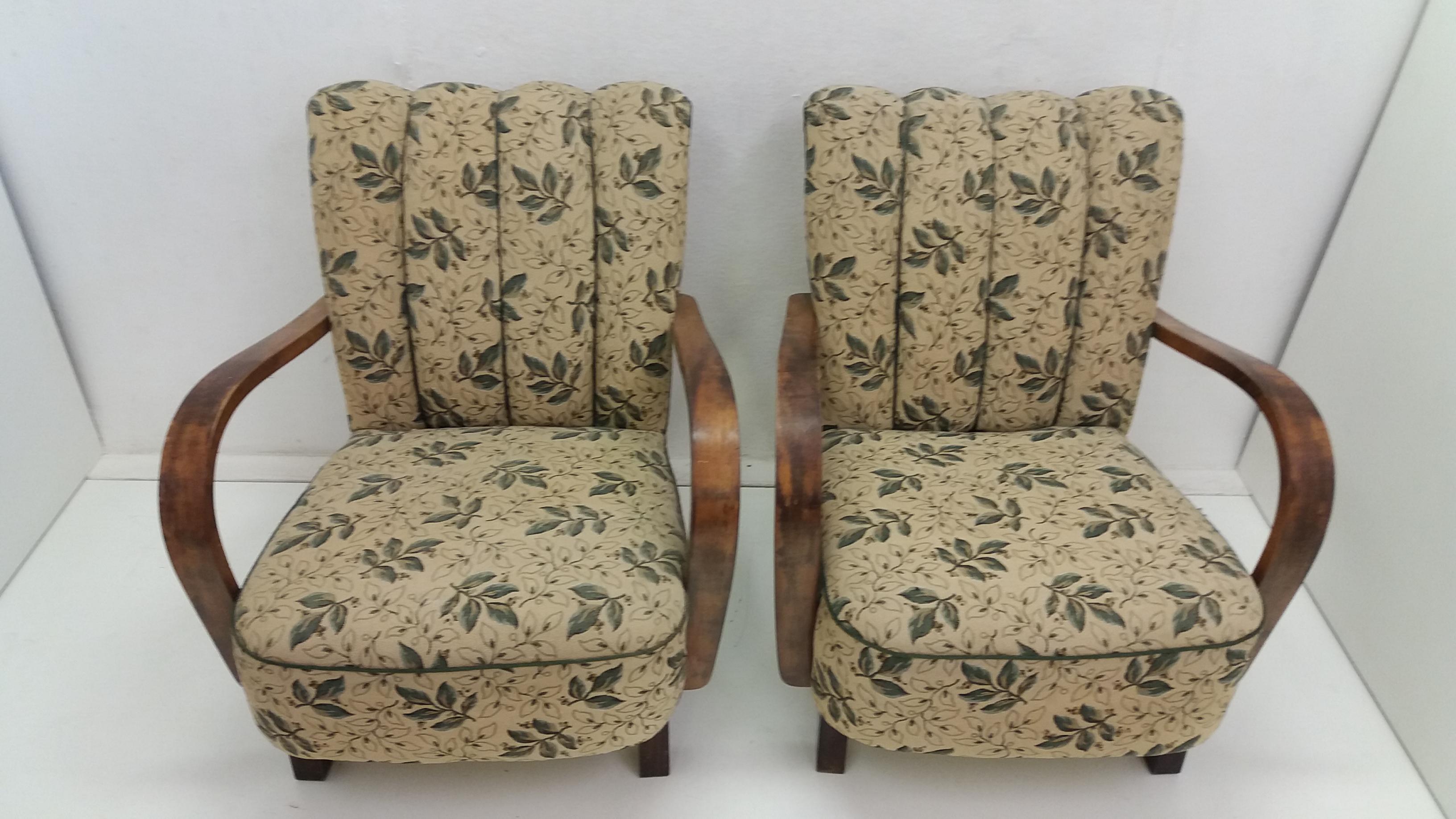 Czech Set of Two Art Deco Armchairs with Footstool, 1935 For Sale