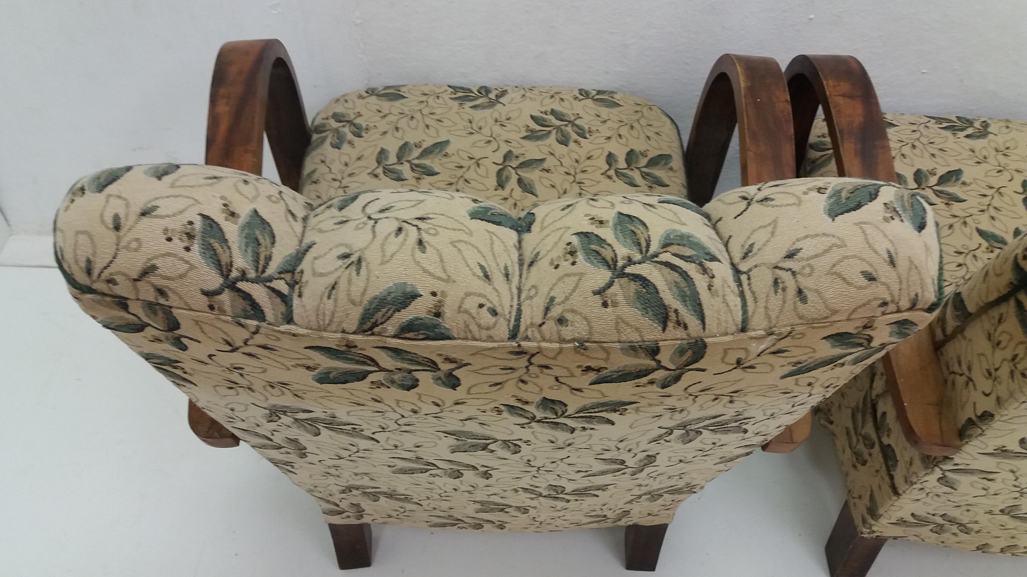Fabric Set of Two Art Deco Armchairs with Footstool, 1935 For Sale