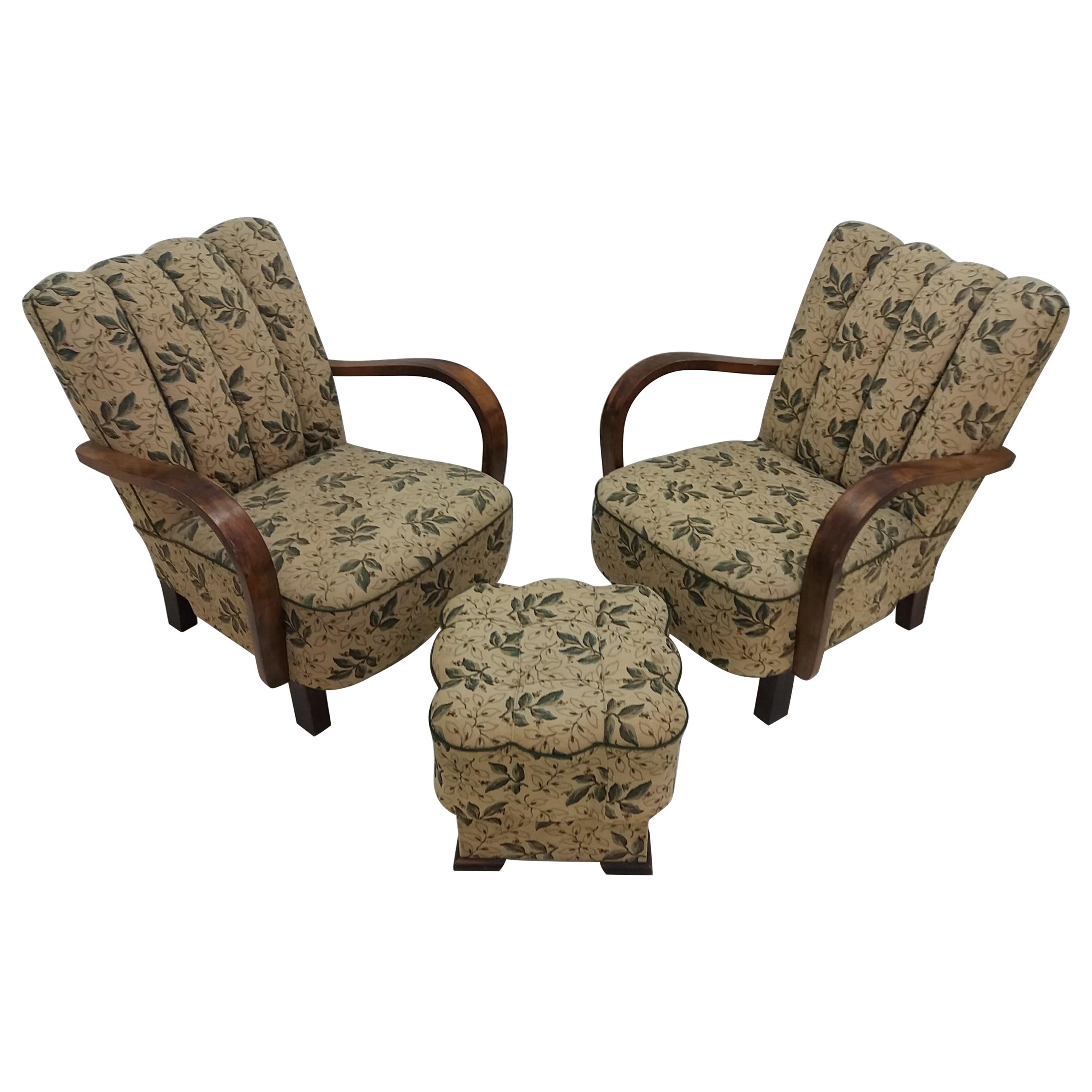 Set of Two Art Deco Armchairs with Footstool, 1935 For Sale