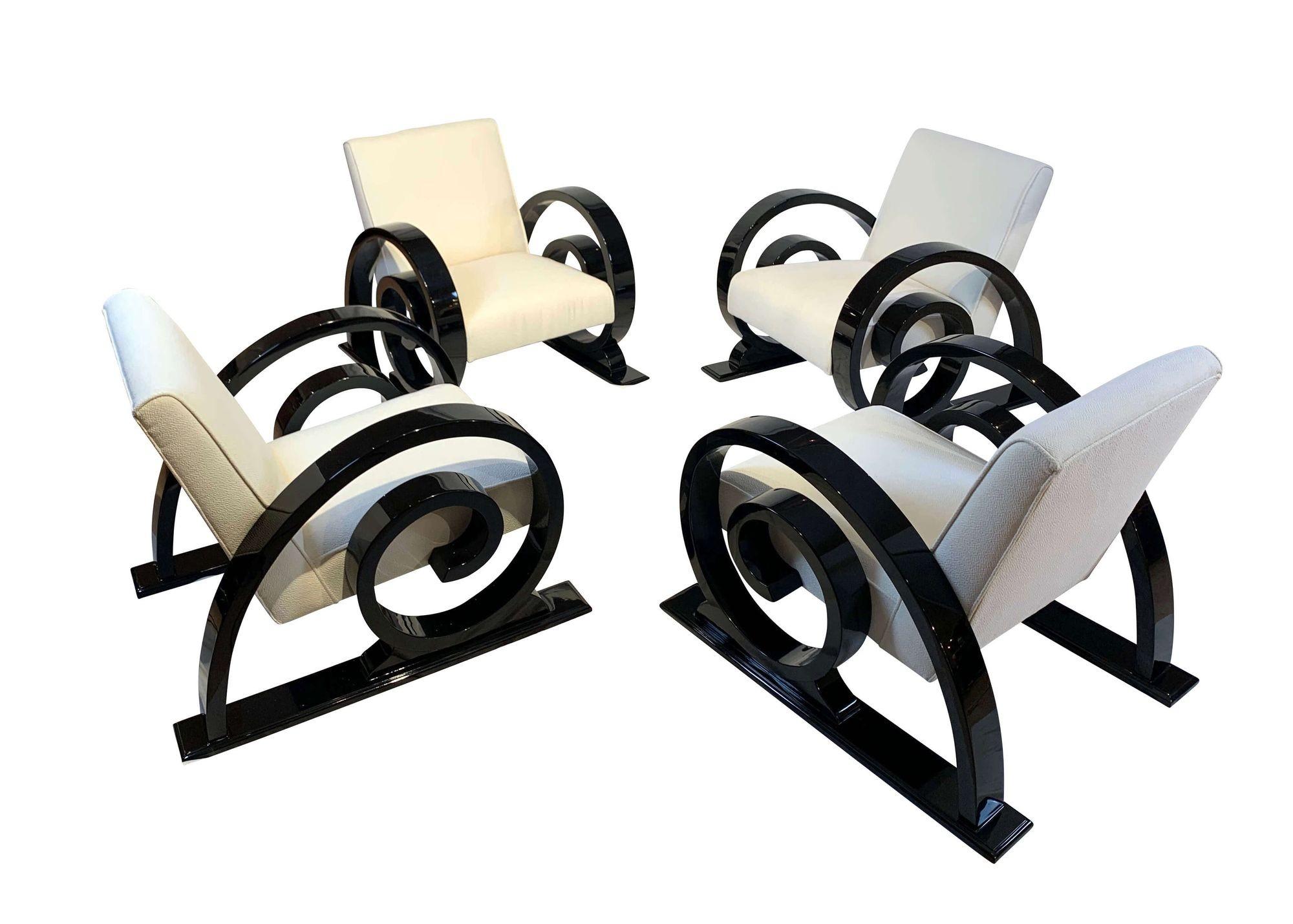 Set of Two Art Deco Club Chairs, Black Lacquer, Creme Fabric France circa 1930 12