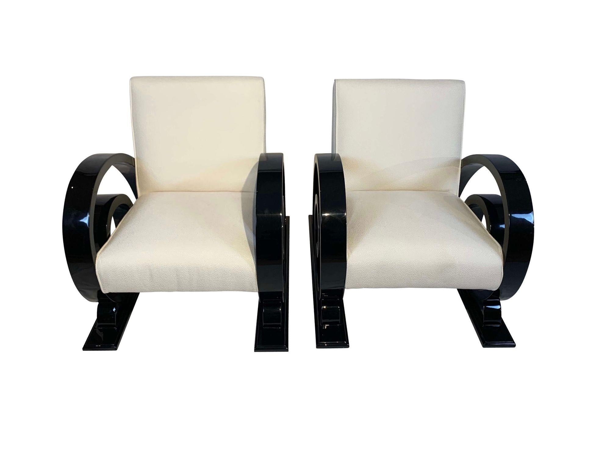French Set of Two Art Deco Club Chairs, Black Lacquer, Creme Fabric France circa 1930