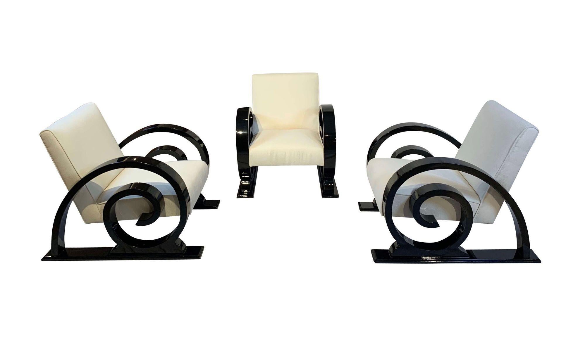 Set of Two Art Deco Club Chairs, Black Lacquer, Creme Fabric France circa 1930 1