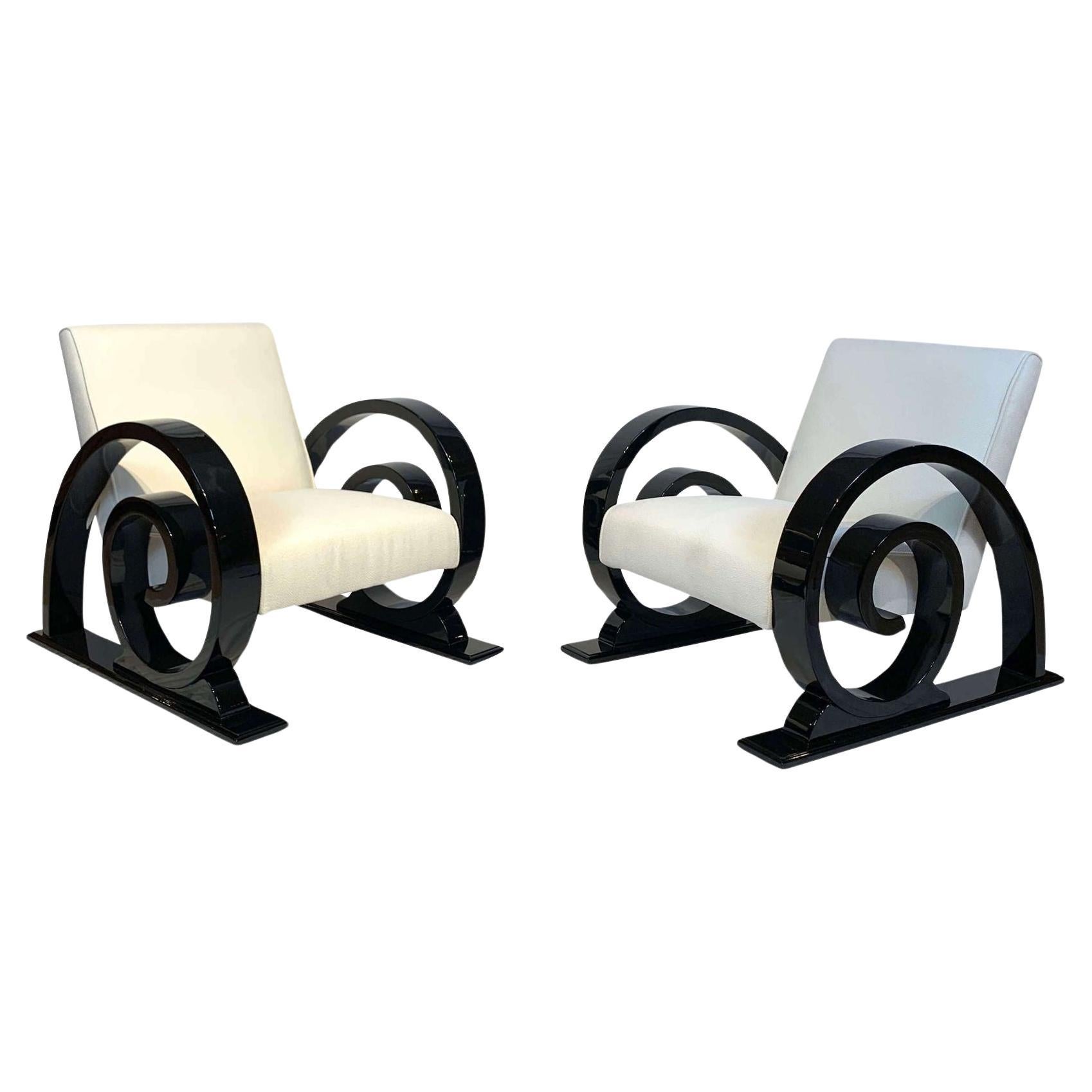 Set of Two Art Deco Club Chairs, Black Lacquer, Creme Fabric France circa 1930