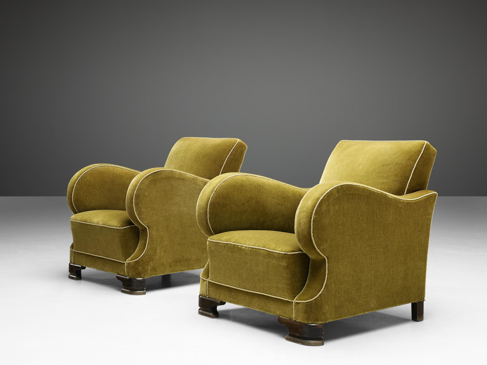 French Set of Two Art Deco Club Chairs in Green Velour