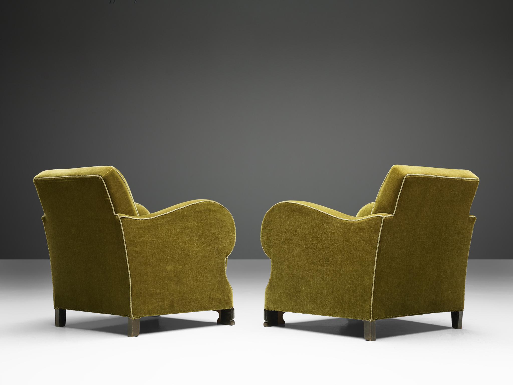 Mid-20th Century Set of Two Art Deco Club Chairs in Green Velour