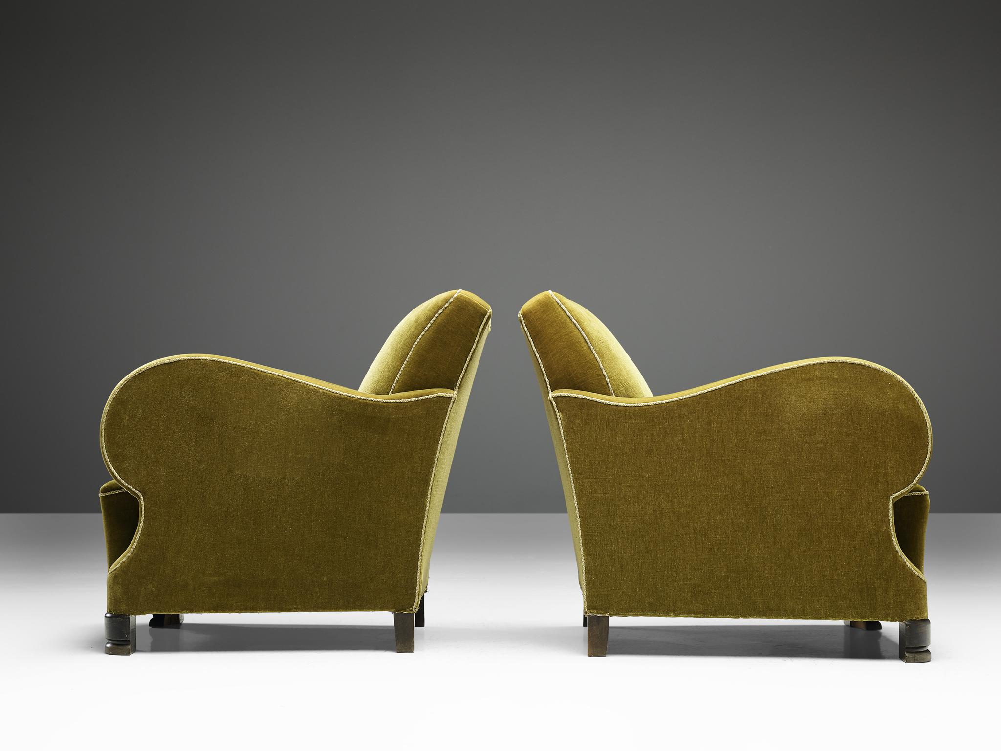 Leather Set of Two Art Deco Club Chairs in Green Velour