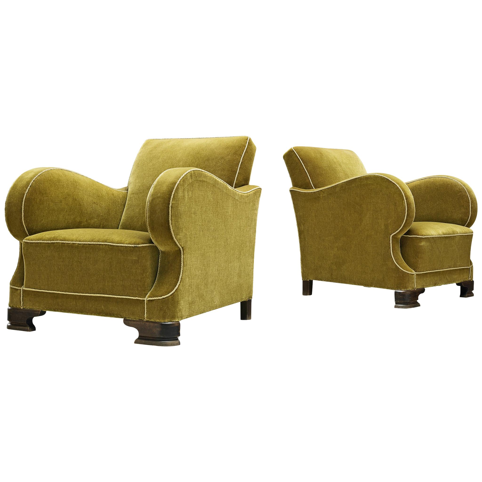 Set of Two Art Deco Club Chairs in Green Velour