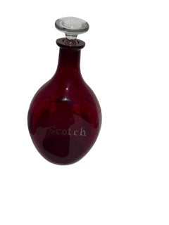 Set of Two Art Deco Cranberry Red Pinch Glass Decanters with Silver Overlay