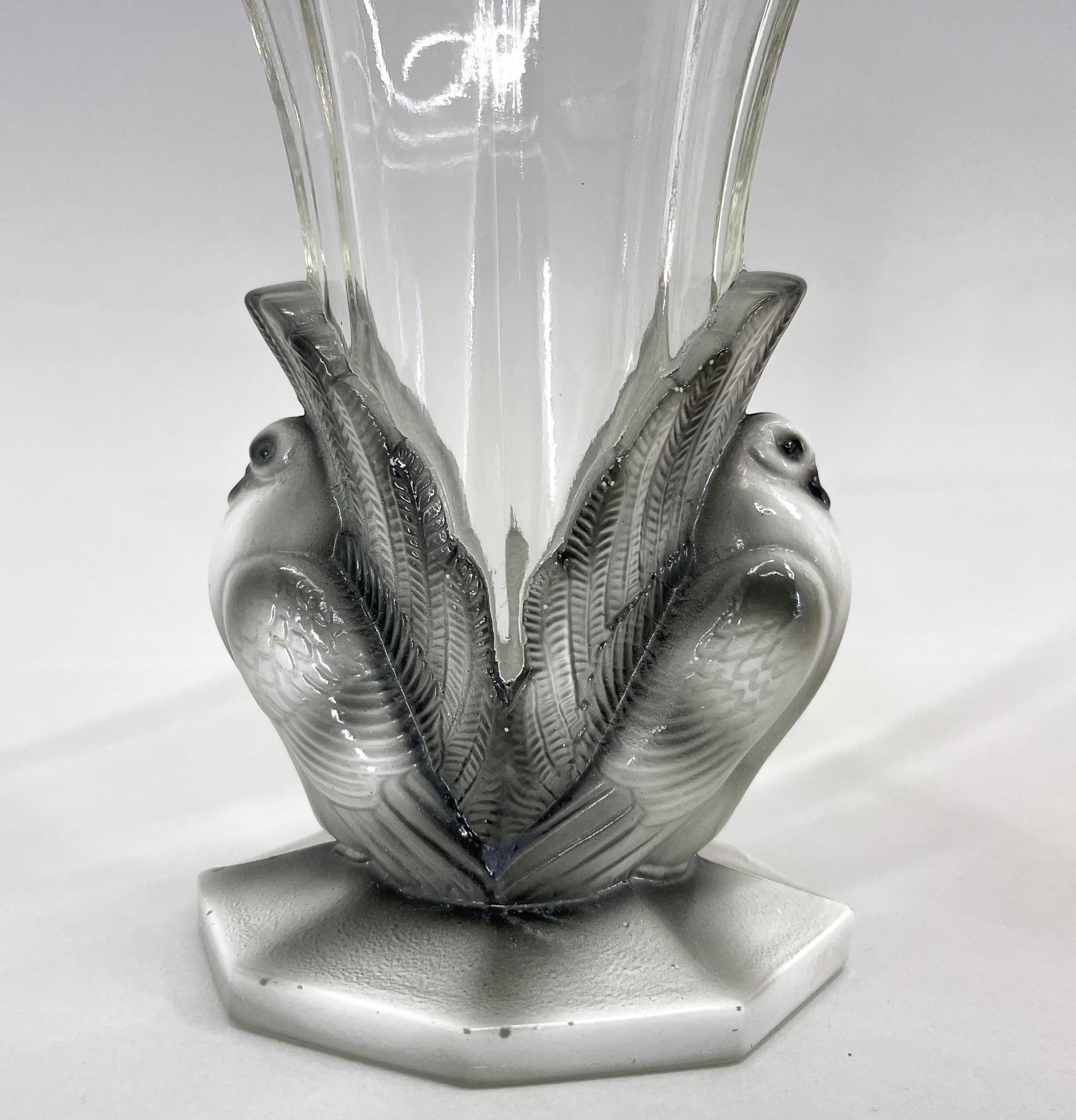Set of Two Art Deco Dove Birds Glass Vases by Josef Feigl, 1930s For Sale 6