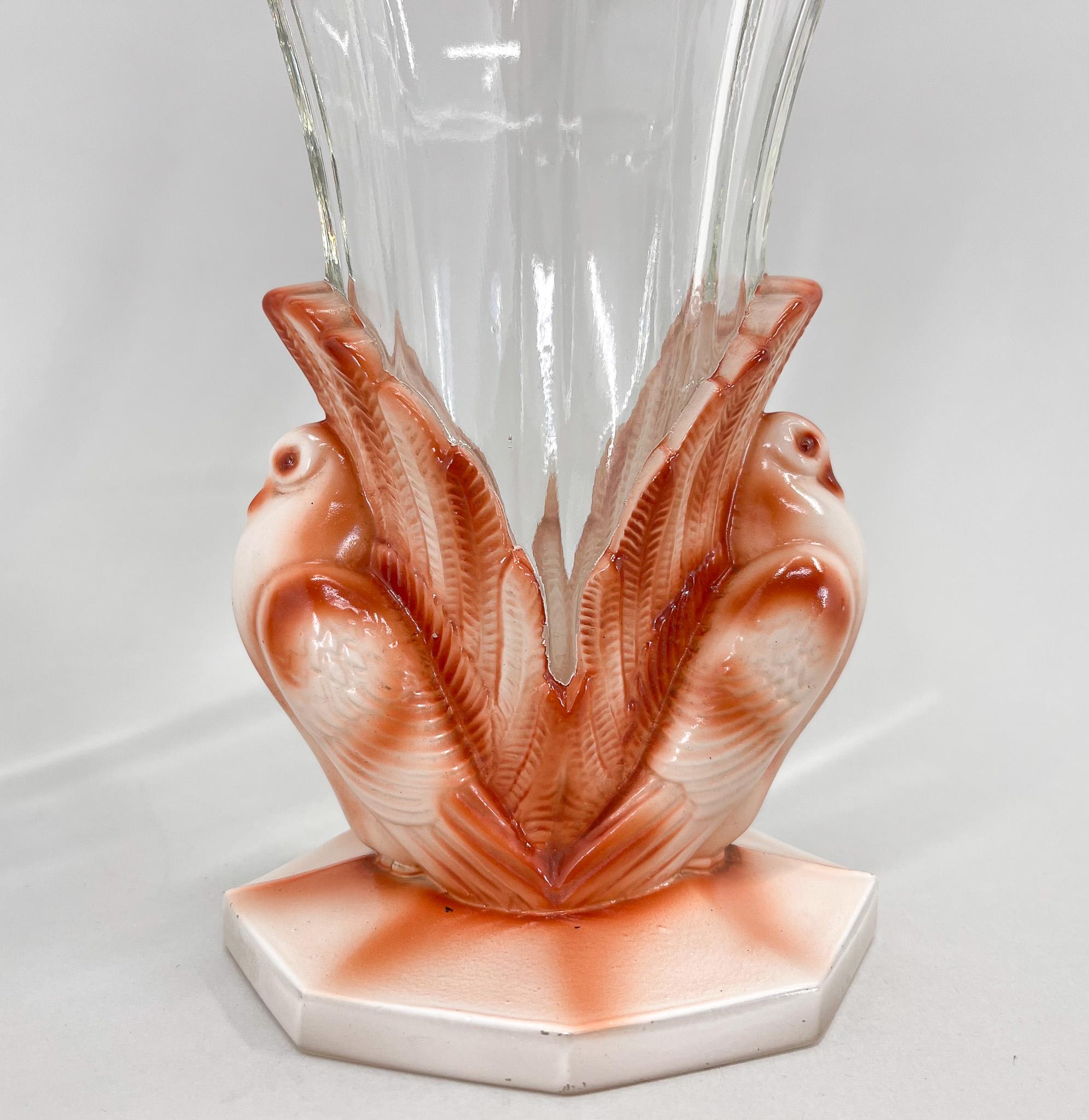 Set of Two Art Deco Dove Birds Glass Vases by Josef Feigl, 1930s For Sale 7