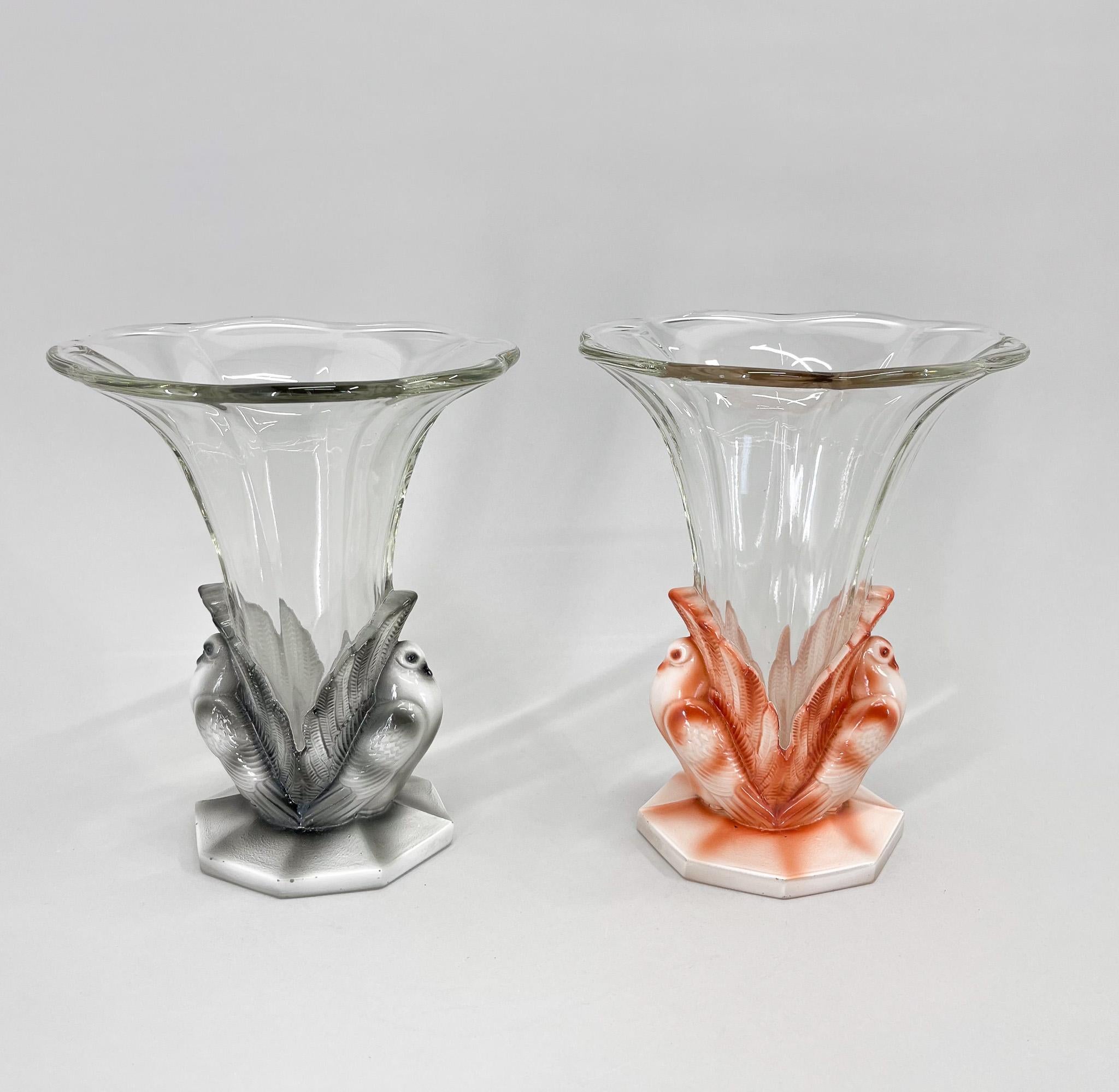 Czech Set of Two Art Deco Dove Birds Glass Vases by Josef Feigl, 1930s For Sale