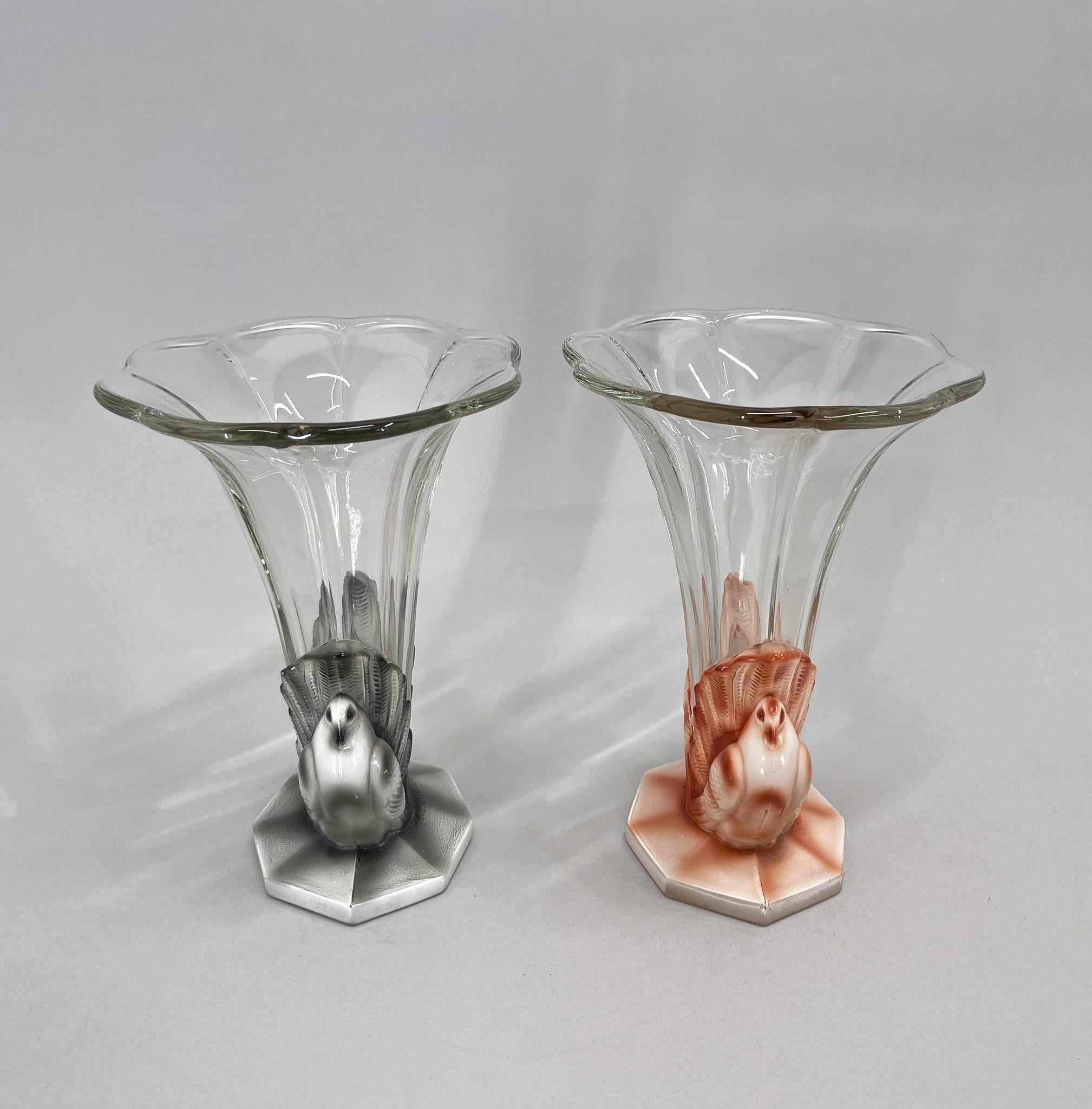20th Century Set of Two Art Deco Dove Birds Glass Vases by Josef Feigl, 1930s For Sale