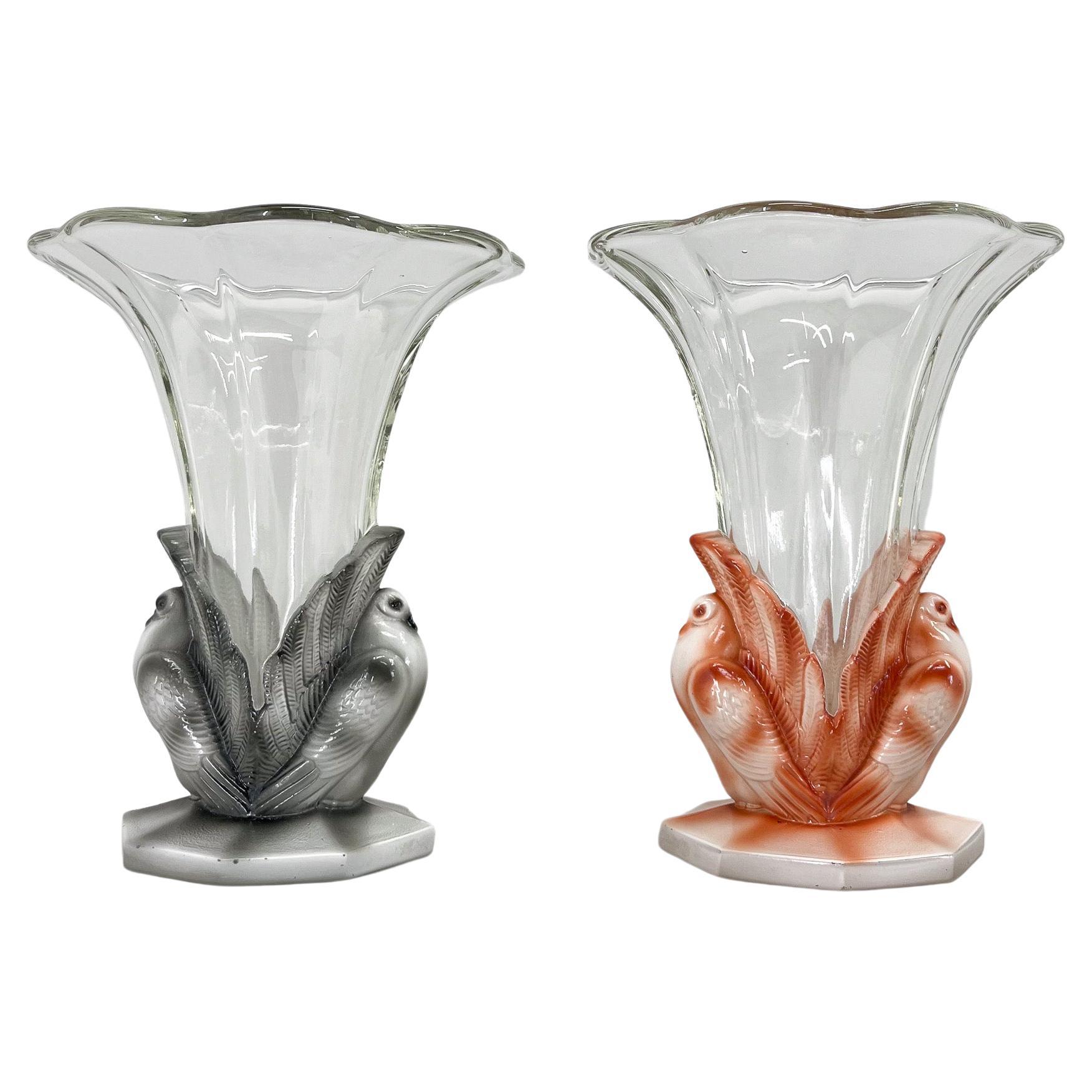 Set of Two Art Deco Dove Birds Glass Vases by Josef Feigl, 1930s For Sale