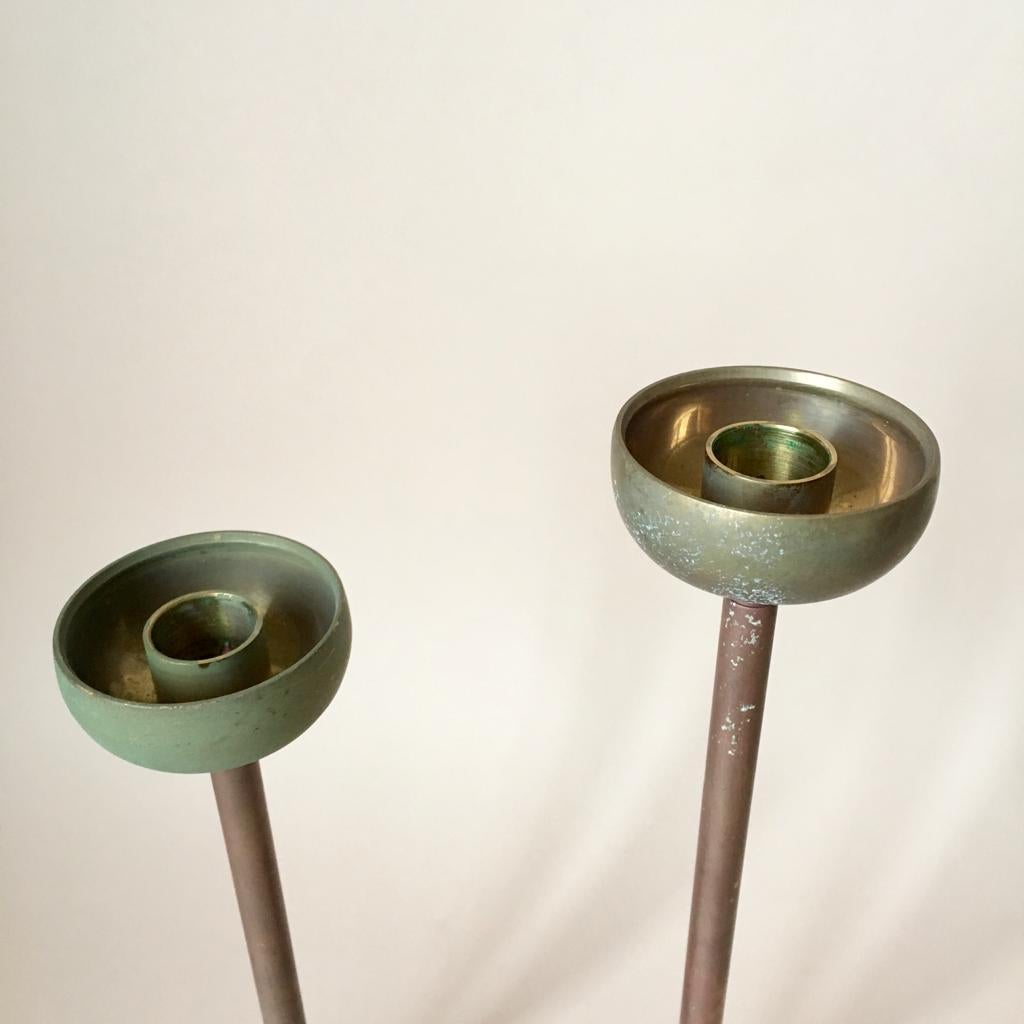 Mid-20th Century Set of Two Art Deco German Copper and Brass Candleholders, 1930s For Sale