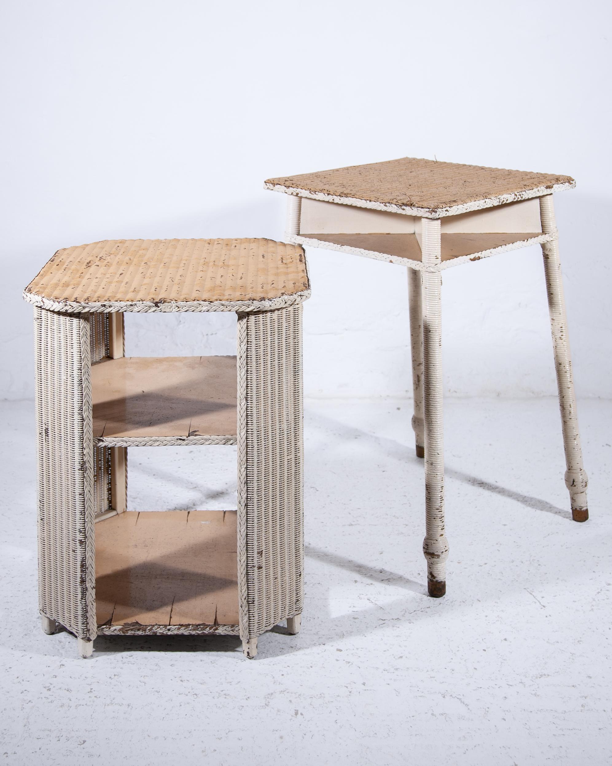 A lovely looking Set of Two Antique Lloyd Loom Sofa Tables Art Deco, Woven Wicker Lloyd Loom Wicker Entry Tables. Dimensions: Table four legs and top display-Width 48cm/height 73cm-Table display middle  Width.50cm/height 62cm.
A model from Lusty