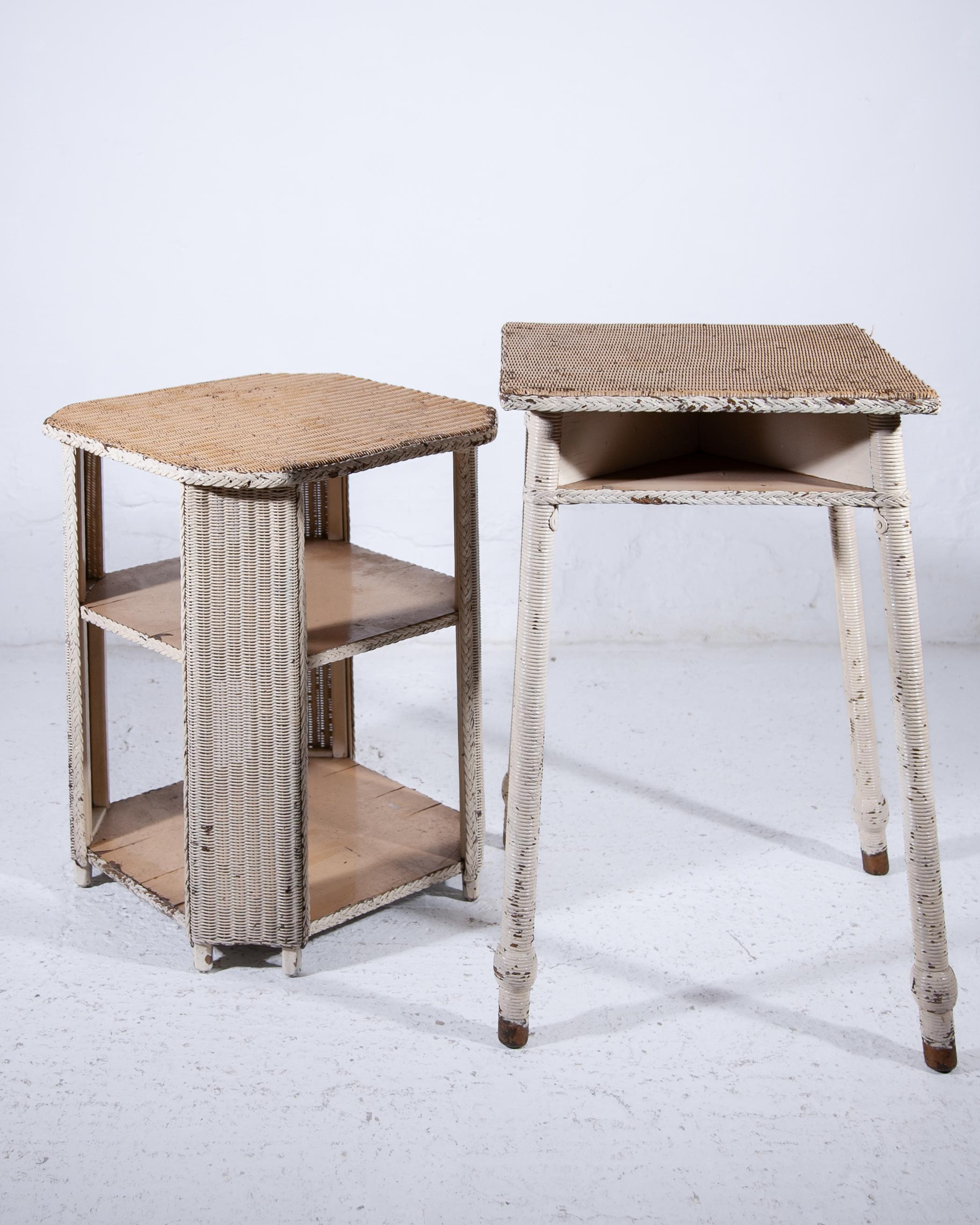 British Set of Two Art Deco Lloyd Loom Tables in Wicker and Wood For Sale